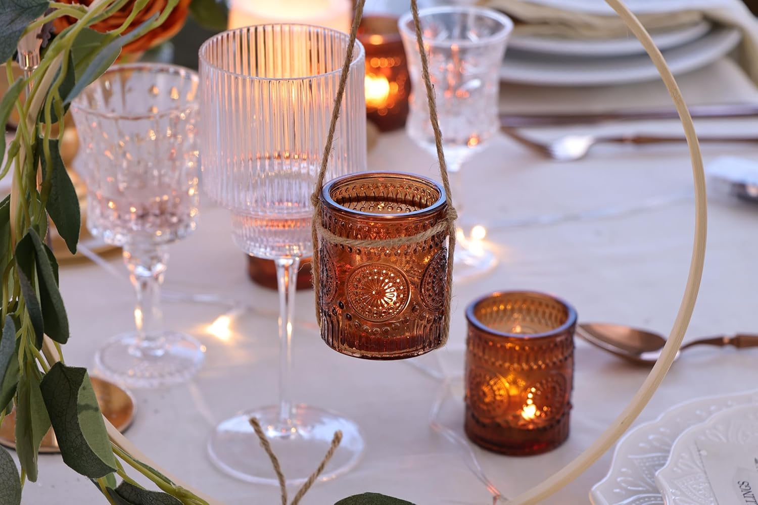 DEVI 24pcs Vintage Amber Votive Candle Holders, Amber Glass Tea Lights Candle Holder for Baby Shower, Boho Wedding Decorations, Vintage Boho Party Home Fall Centerpieces Table Decoration - Image 2