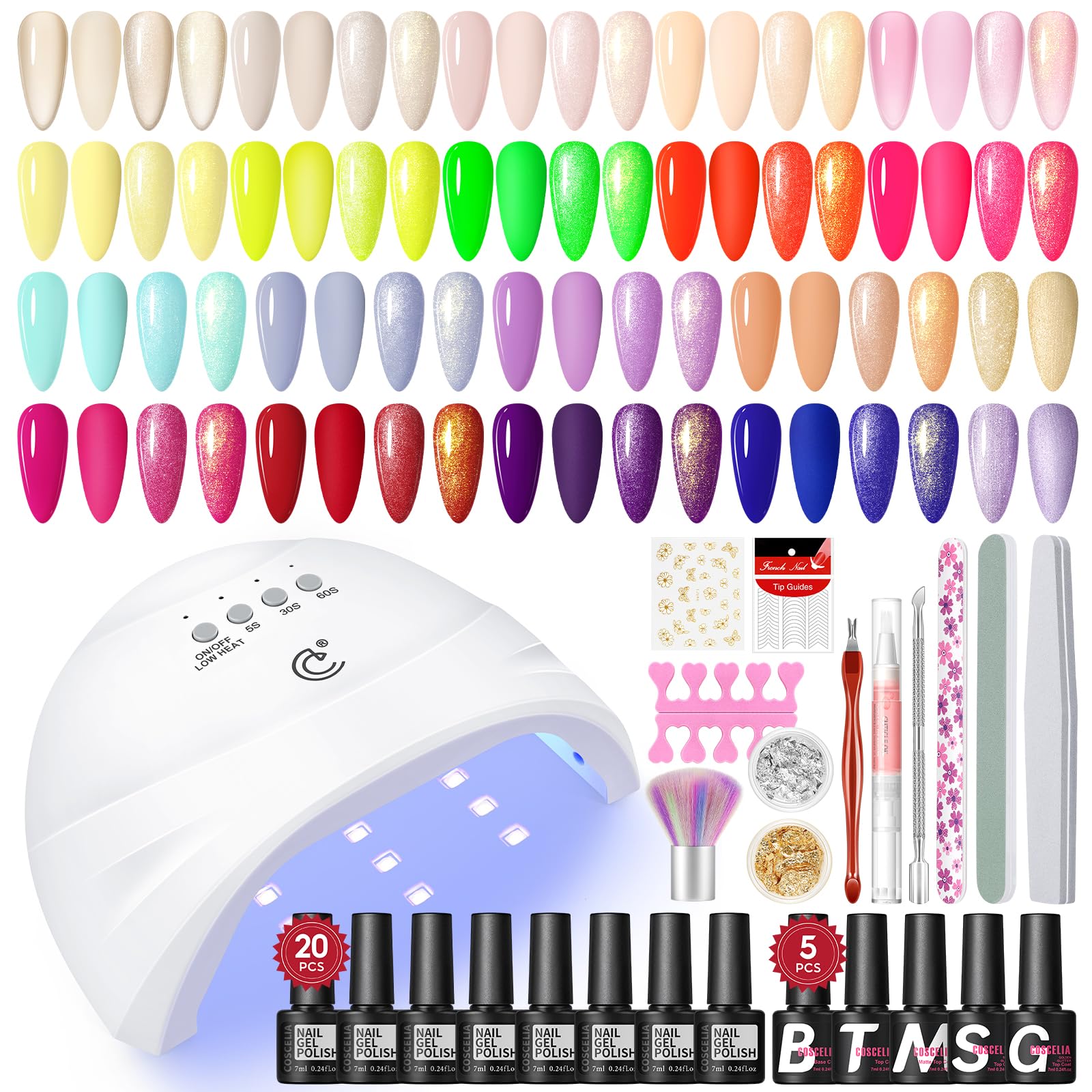 COSCELIA 38PCS Zestaw lakierów do paznokci UV z lampą - 25 sztuk żelowego lakieru bazowego i nawierzchniowego, zestaw do paznokci żelowych, zestaw do samodzielnego wykonywania paznokci