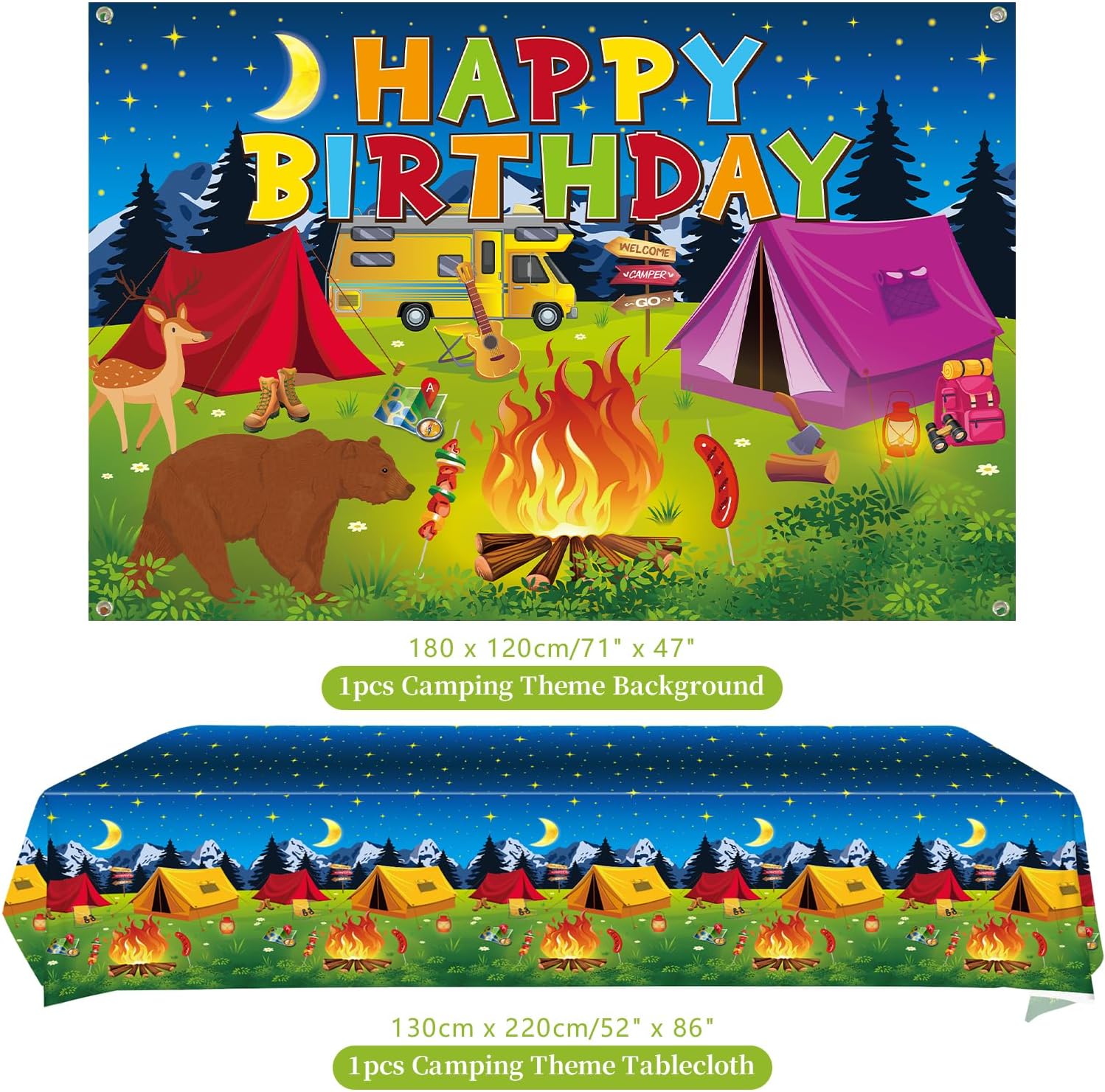 Camping Birthday Party Decoration - Camping Party Tableware, Plates Cups Napkins Camping Tablecloth Happy Birthday Backdrop Balloons Cake Toppers for Camper Campfire Forest Picnic Adventure (backdrop)