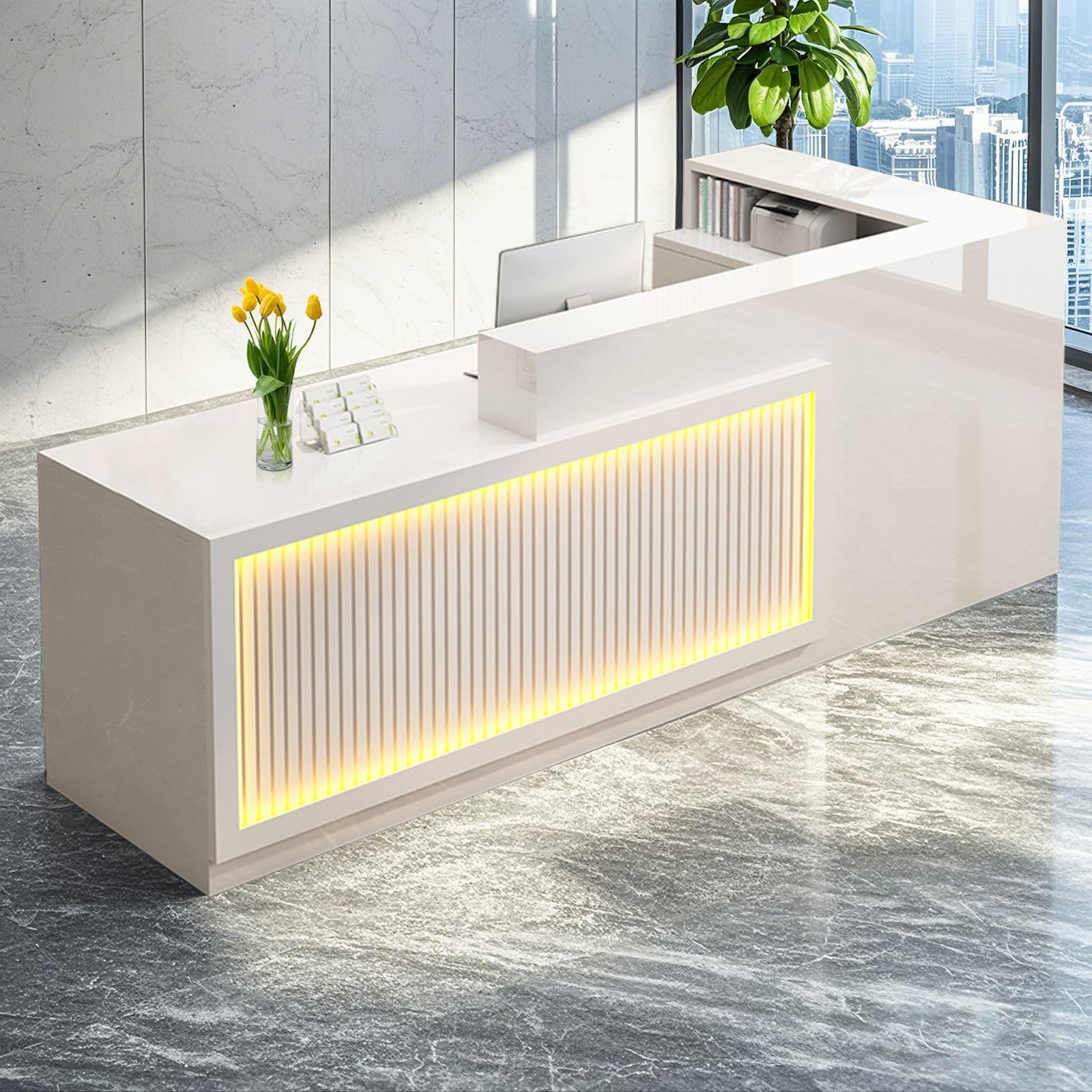 L Shaped Reception Desk, Solid Wood Front Desk with Counter & Lockable Drawers, Retail Checkout Customer Service Counter for Home Office Lobby Store,(E,63in-Left)