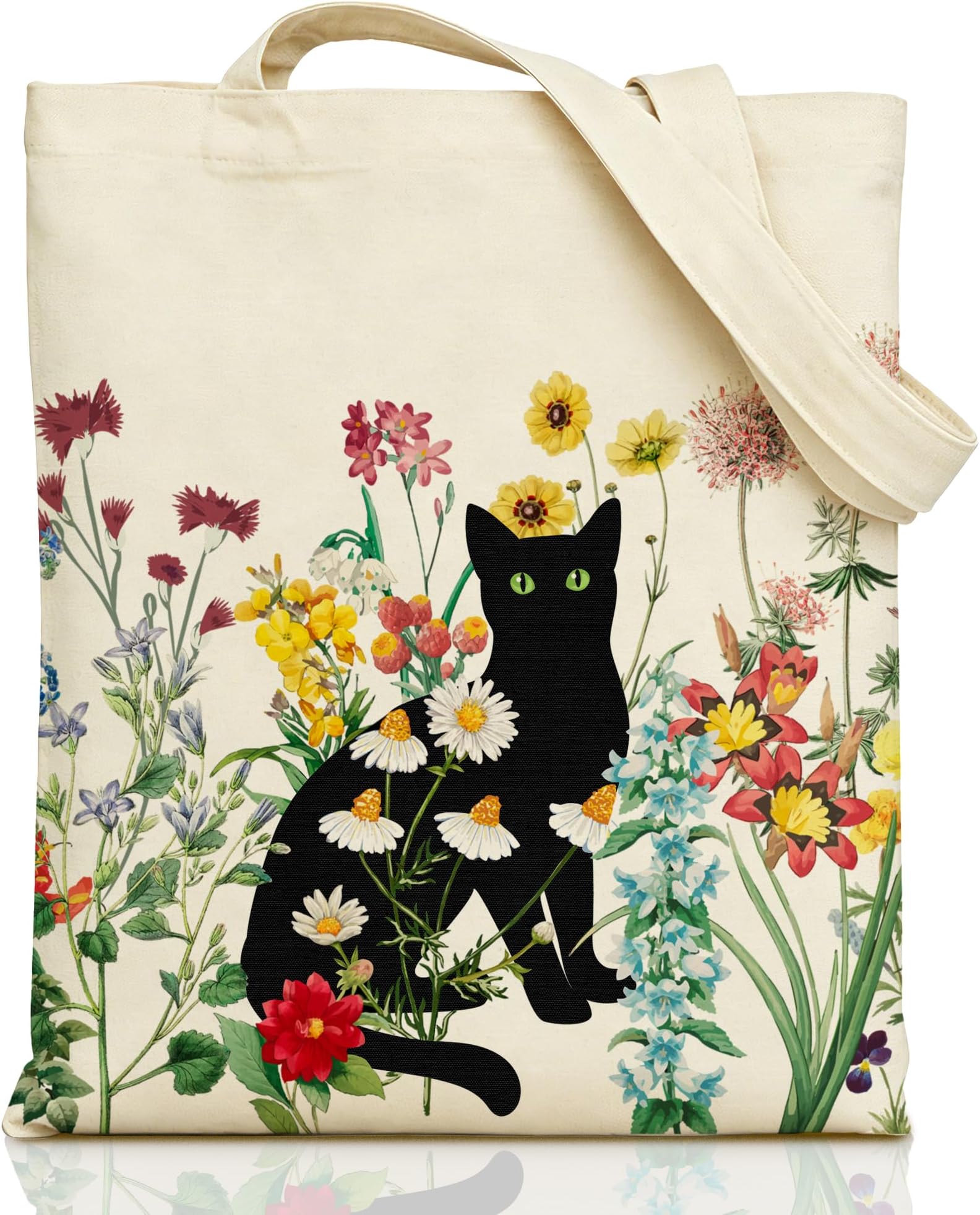 bmuvghi Black Cat Canvas Tote Bag with Zipper Pockets Vintage Flowers Cute Tote Bag Aesthetic Reusable Shopping Grocery Bags Birthday Gifts for Women | 15x14 in durable canvas tote with vintage floral print, reusable shopping bag, cat lover & cat mom gifts for women