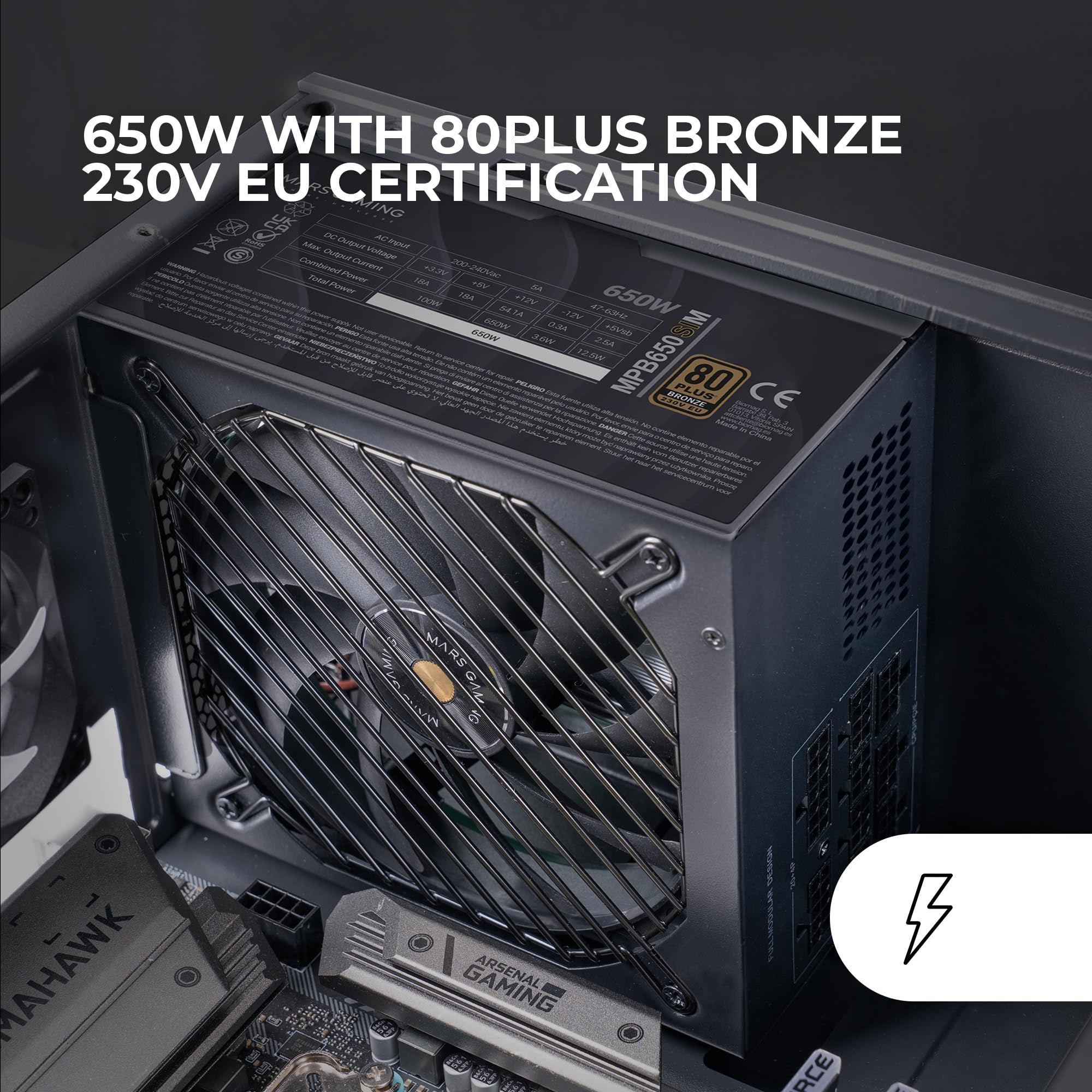 Mars Gaming MPB650SIM PC-Netzteil ATX 650W Full Modular 7 Jahre Garantie | 80Plus Bronze 230V EU 90%, SI-Lüfter 120mm, Technologien AI2-RPM, DC-DC und SMD, ATX 3.1, Karbonfaser-Kabel, Schwarz