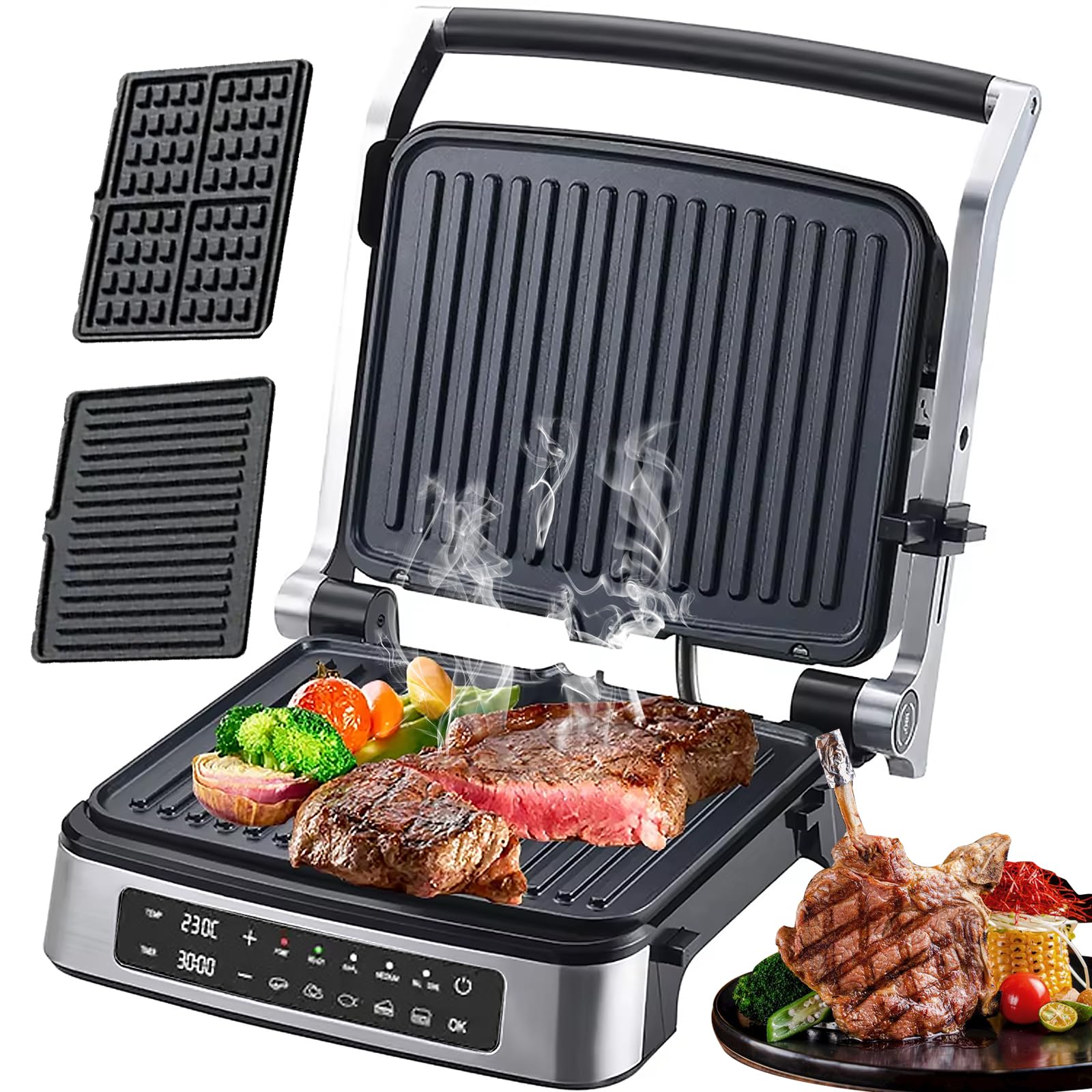 Elektryczny Grill I Opiekacz Do Kanapek, 3- I 1-Calowy Panel Dotykowy Led, Tacka Ociekowa, Płyty Z Powłoką Zapobiegającą Przywieraniu, Obrót O 180°, Regulacja Temperatury