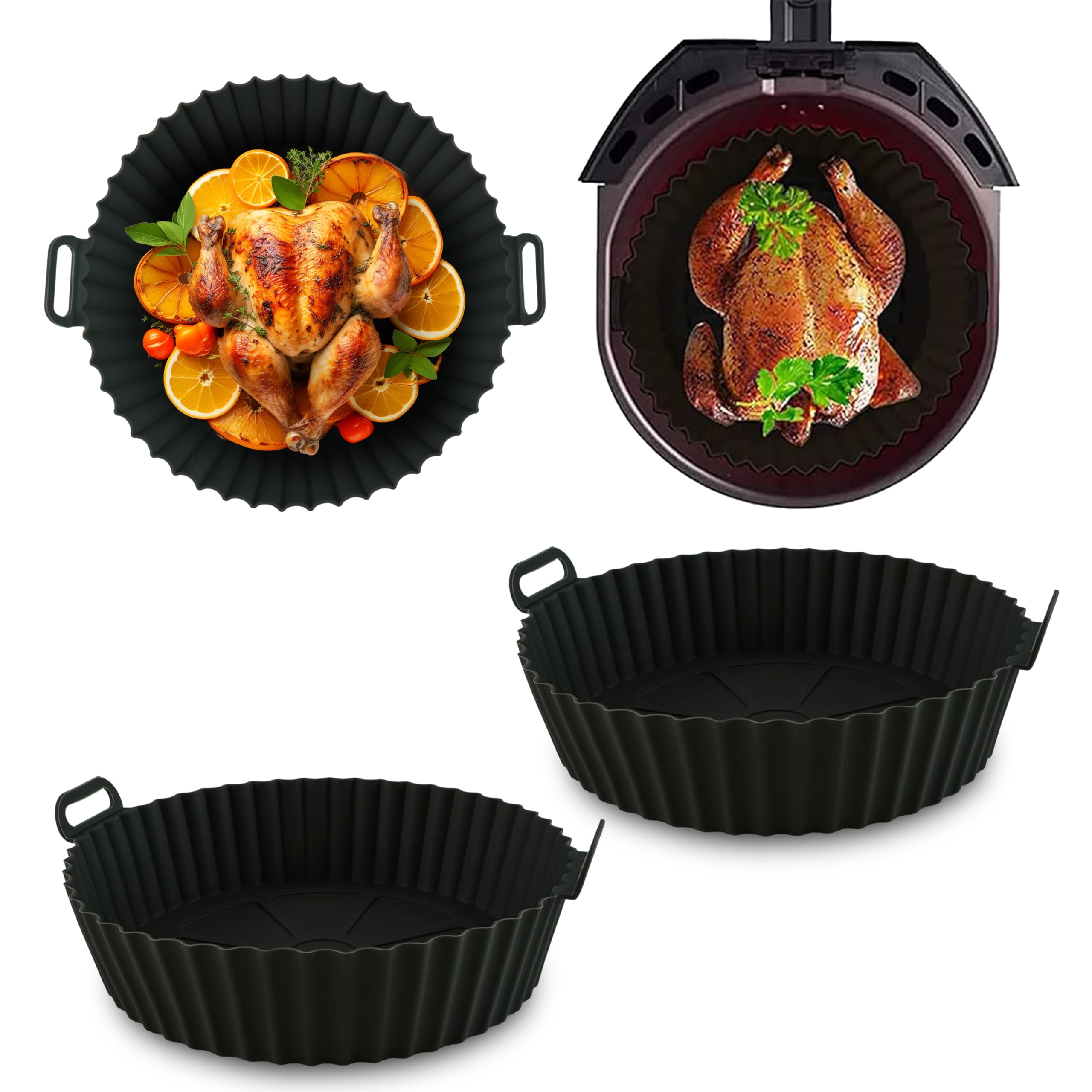 20cm Round Silicone Air Fryer Basket Liners - 2 Pack, Heat Resistant, Dishwasher Safe & Reusable for Safe Cooking, Thick Air Fryer Liner, Compatible with Russell Hobbs, Salter, Towe