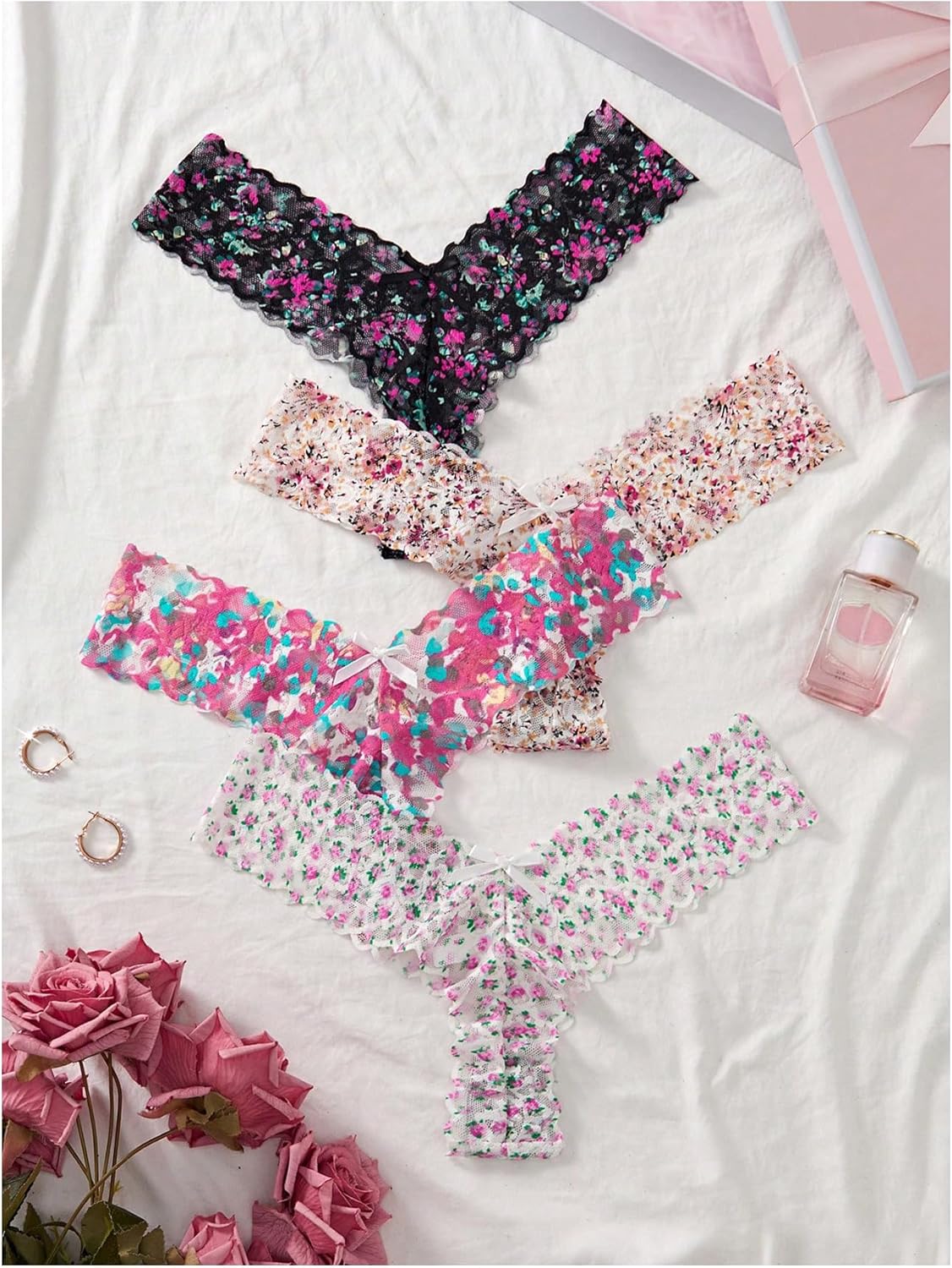Women's 4 Pack Floral Lace Thong Mesh Cute Sexy Panties Bow Low Rise T Back Cheeky Underwear Coquette - Image 3