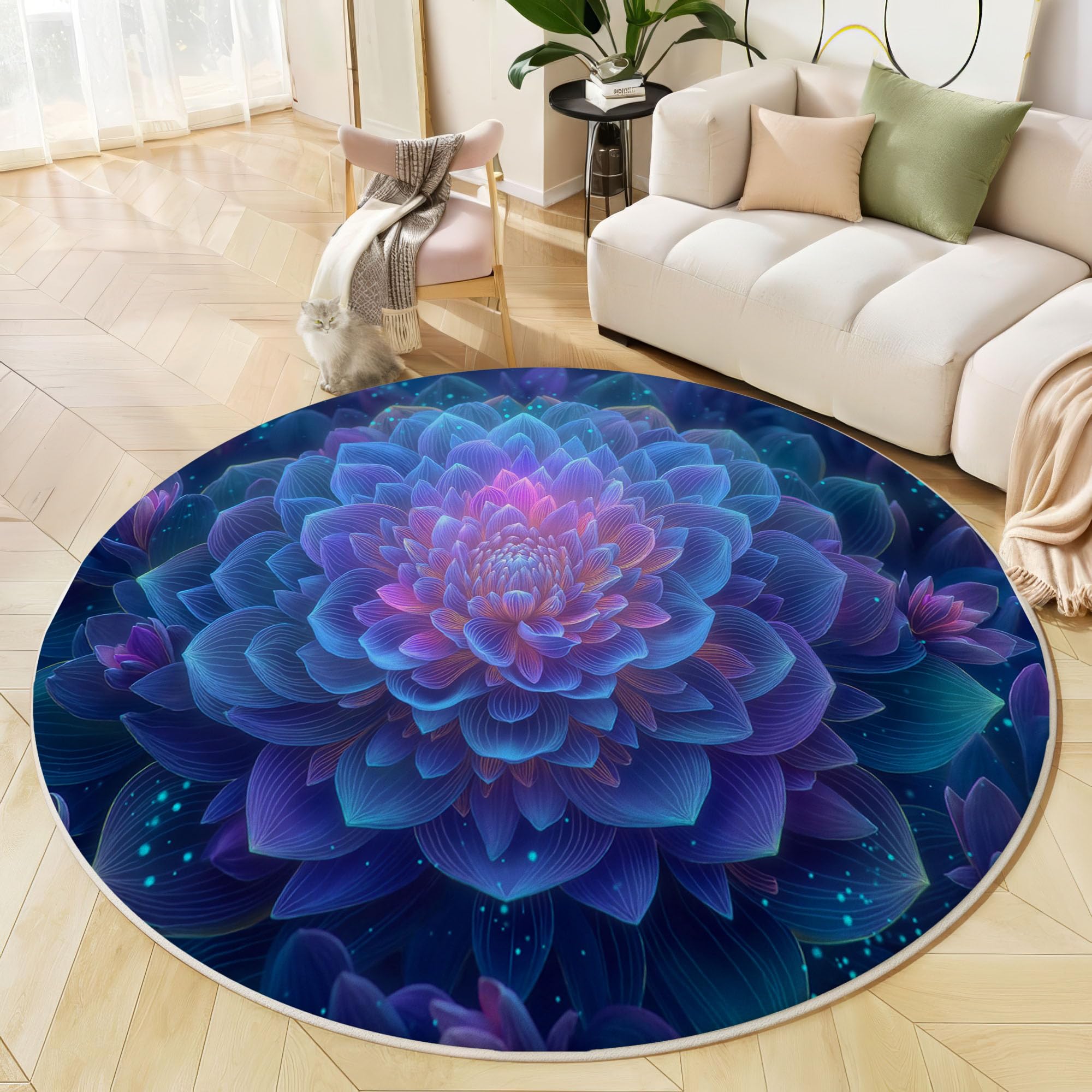 Néon Mandala Tapis Rond Salon 180cm, Art Psychédélique Abstrait Antidérapant Poils Courts Tapis De Sol Ronds Décoration, pour Salon Chambre Cuisine Balcon Terrasse, Bleu