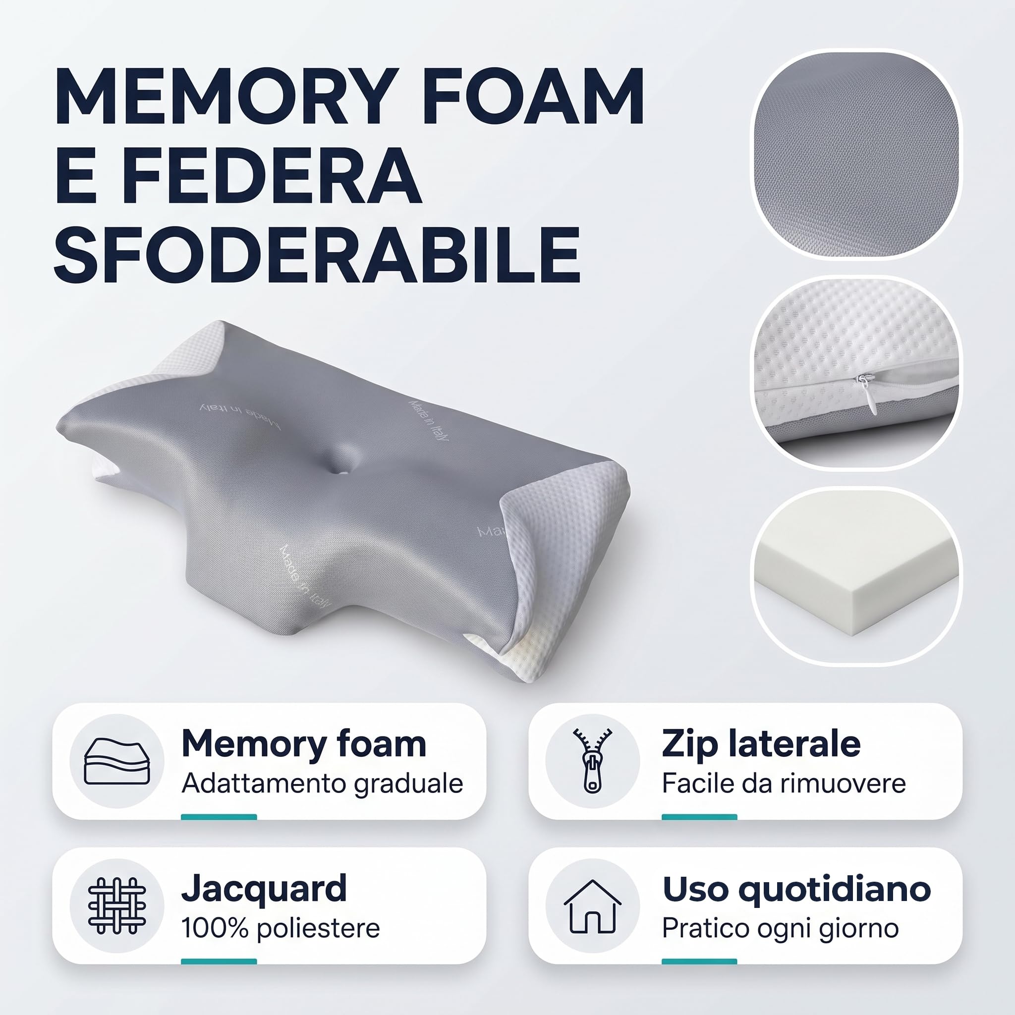 Cuscino Cervicale per Dormire - in Memory Foam Anatomico | Guanciale Ergonomico Dragonfly 40x60x13 cm con Federa Sfoderabile | Supporto per Testa Collo e Spalle | Made in Italy - Premium GALEONE
