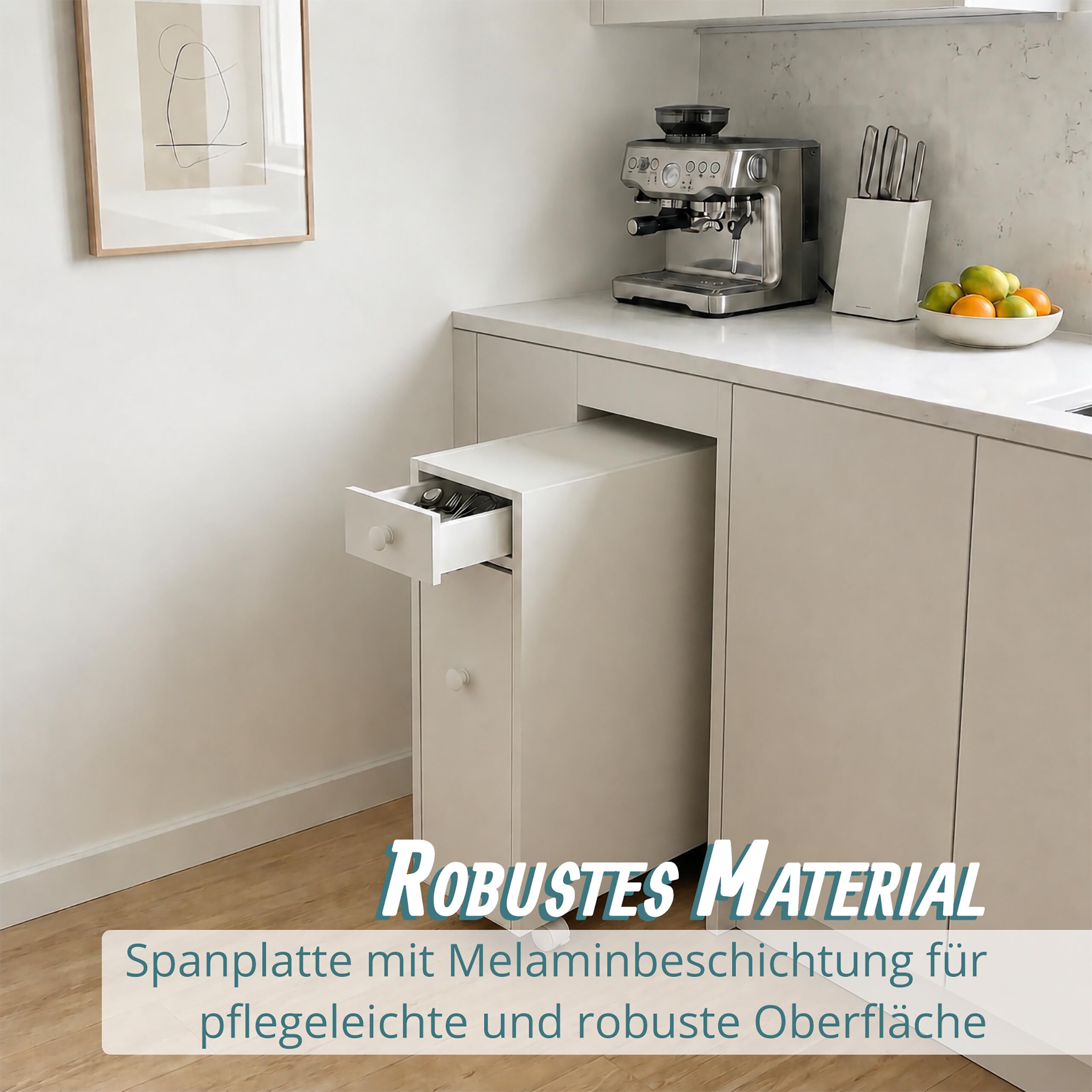 Relaxdays Nischenschrank, 4 Fächer, Schiebtüren & Klapptür, HxBxT: 62 x 16 x 48 cm, Badezimmer, MDF, Rollwagen, weiß