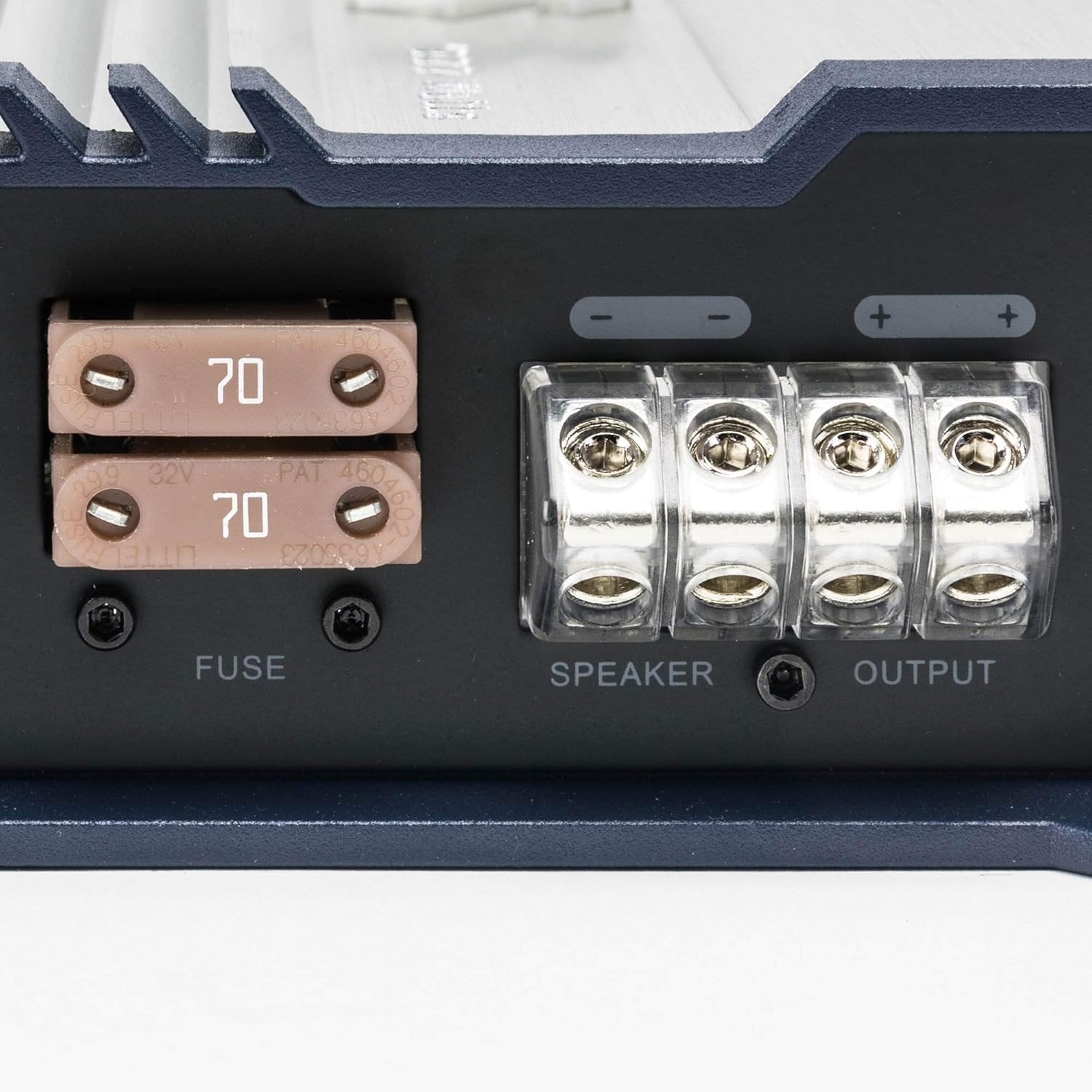 Close-up of Hifonics BXX1600.1D amplifier fuses and speaker terminals