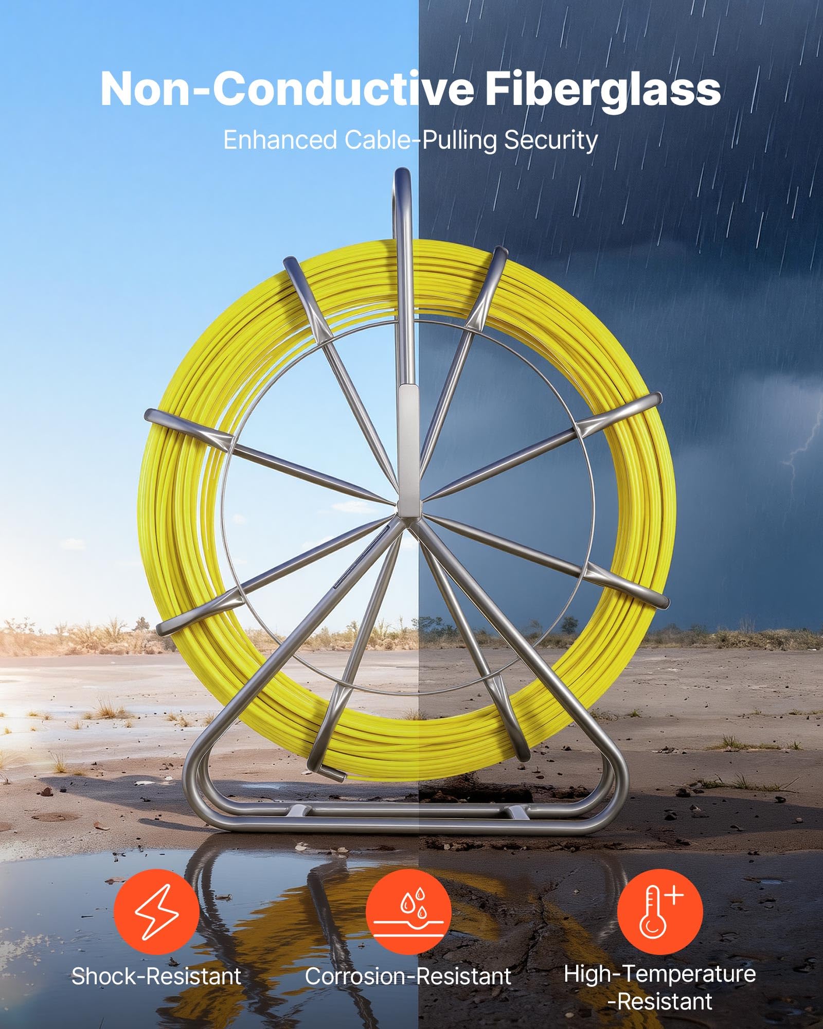 VEVOR Guía Pasacables de 6,3 mm 152 metros, Cable de Fibra de Vidrio con Contenedor, Terminales Intercambiables, Marca de Longitud, Herramientas de Electricista, para Pared Tubo Construcción Eléctrica