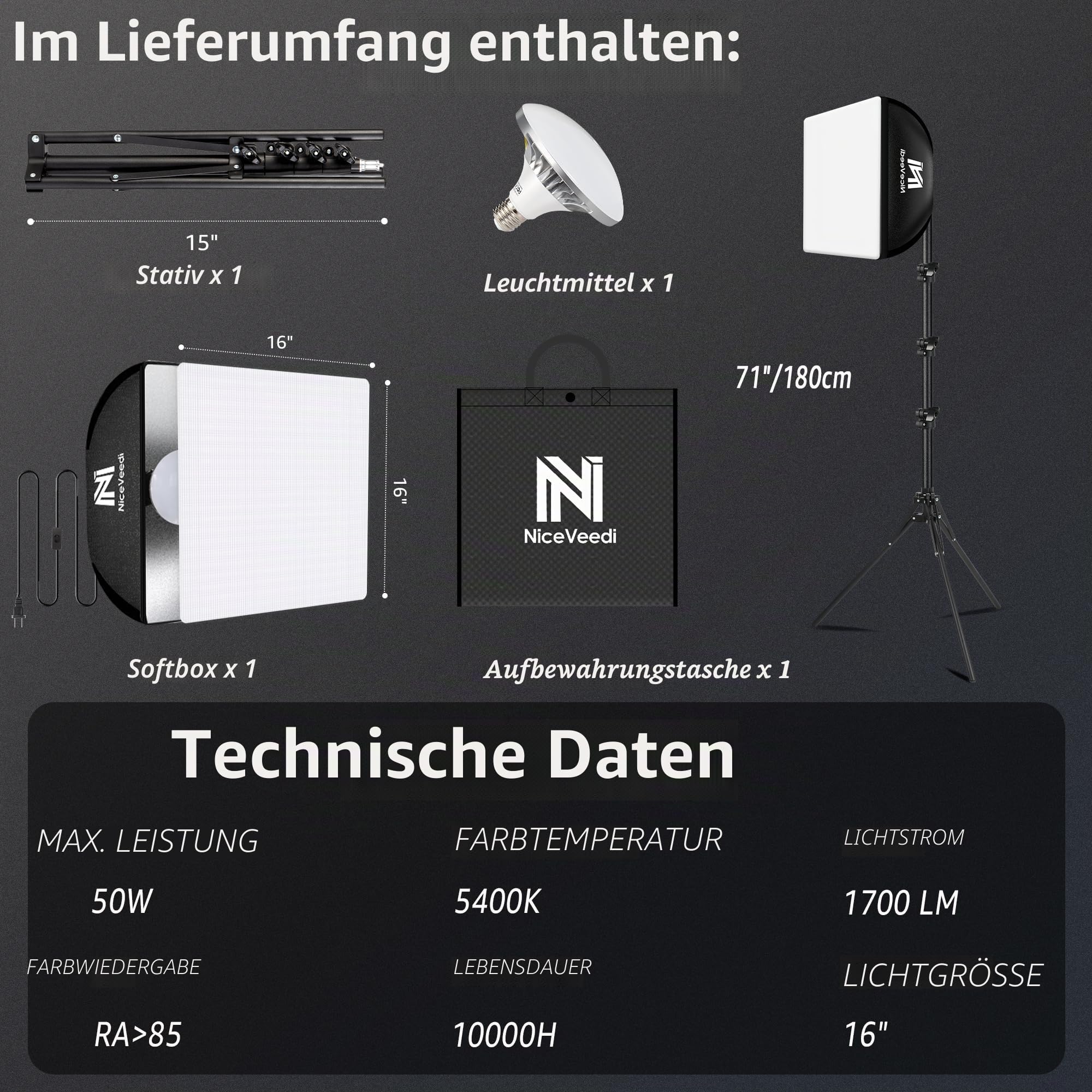 Softbox Fotostudio Set, 40x40cm Softbox LED Litch Set, Mit 50W/5400K Birne,160cm Stativ und Tragetasche, Kontinuierliche Beleuchtung für Photographieren/YouTube/Livestreaming/Kamera-Porträts