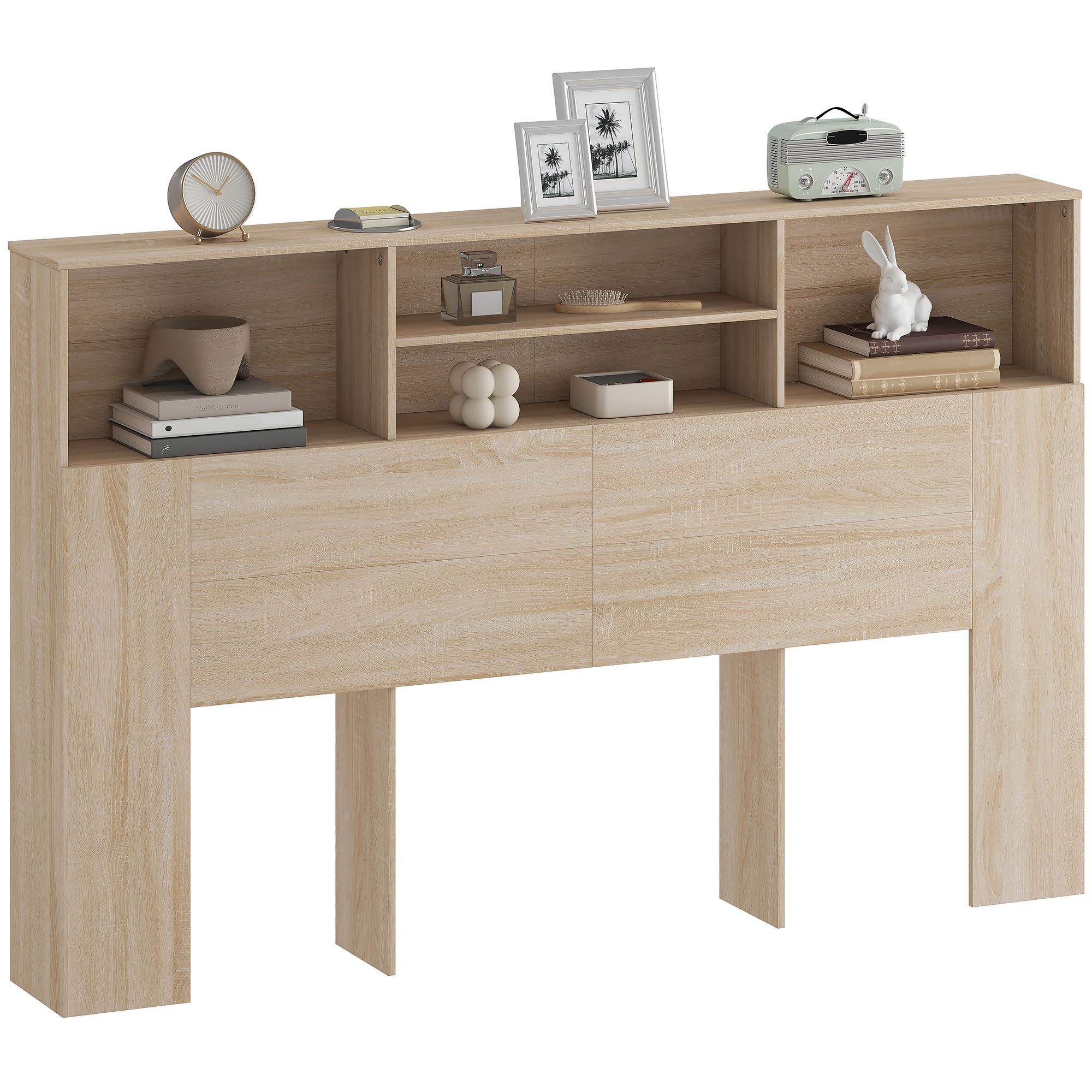 HOMCOM Tête de lit sur Pied 160 cm avec rangements, Accessoire de lit Moderne avec 4 Compartiments Ouverts pour Chambre, 160 x 20,2 x 108,2 cm, Bois Naturel