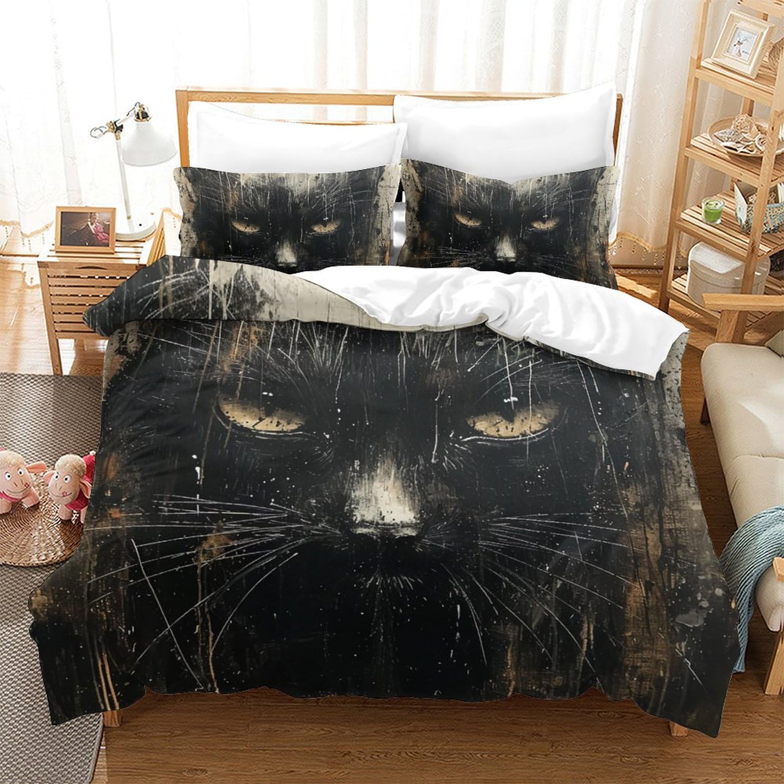 Housse de couette chat microfibre ultra douce et respirante King Size 3 pièces