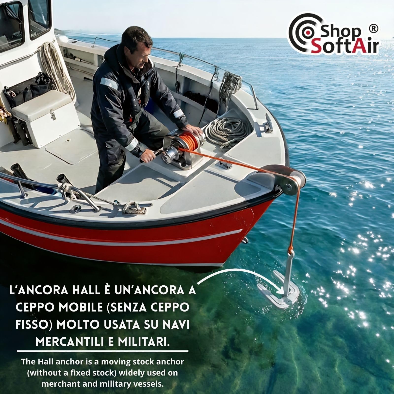 Ancora Hall in Ghisa Zincata a Caldo con Cima Galleggiante 30m e Moschettone Inox Inclusi –Ceppo Mobile per Barca e Gommone – Sabbia e Fango – 2Kg 3Kg 4Kg 6Kg 8Kg 10Kg
