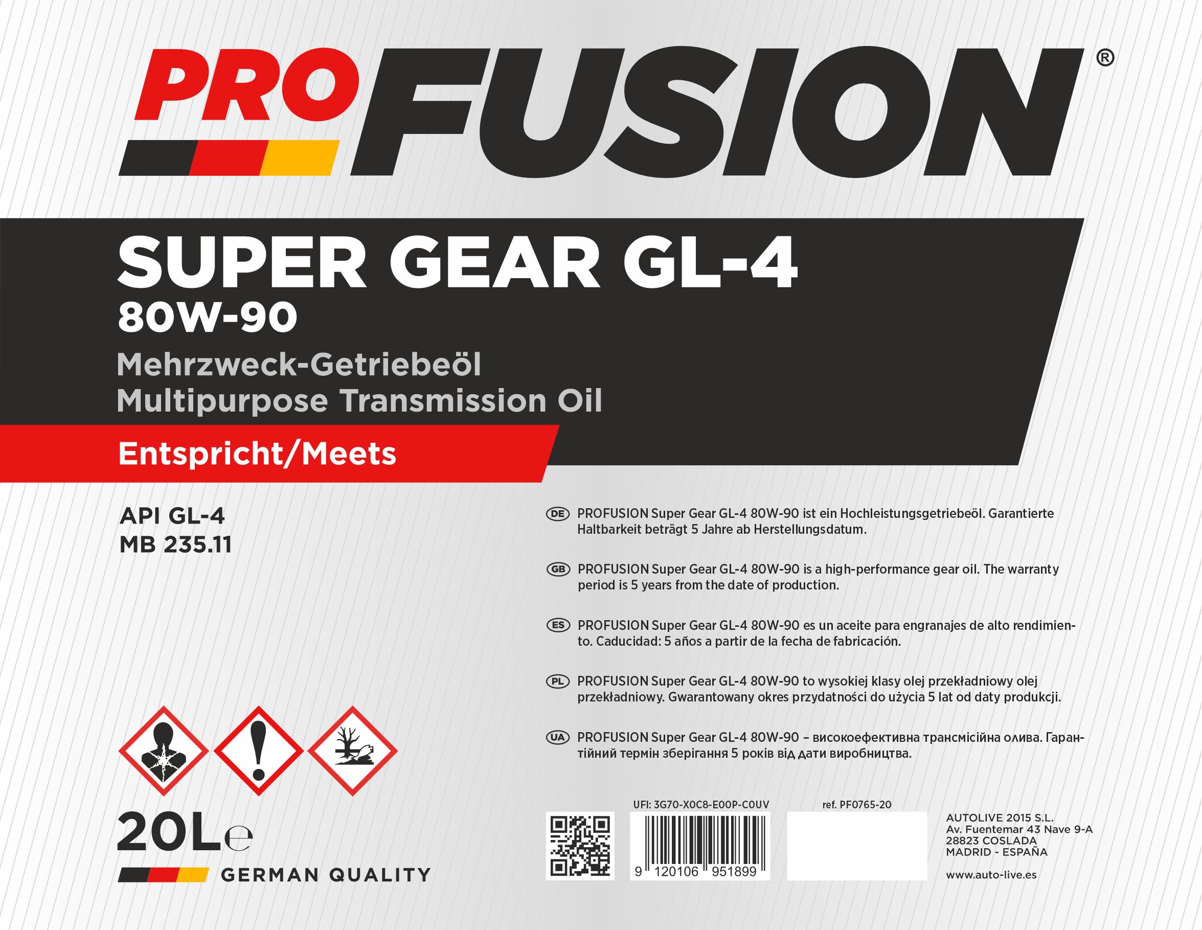 ProFusion 80W-90 20L Super Gear – Aceite de Transmisión Mineral GL-4 MB 235.11 – Valvulina para Cajas Manuales y Ejes Motrices – Alta Estabilidad Térmica