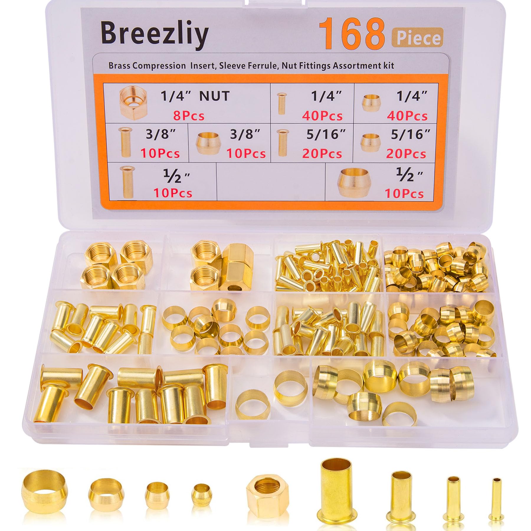 Breezliy 150PCS Tube OD（1/4" 5/16" 3/8" 1/2") Brass Compression Sleeves Ferrules & Insert,4 Sizes Brass Compression Fitting Assortment Kit (168pcs Sleeves Ferrules, Inserts, Nuts)