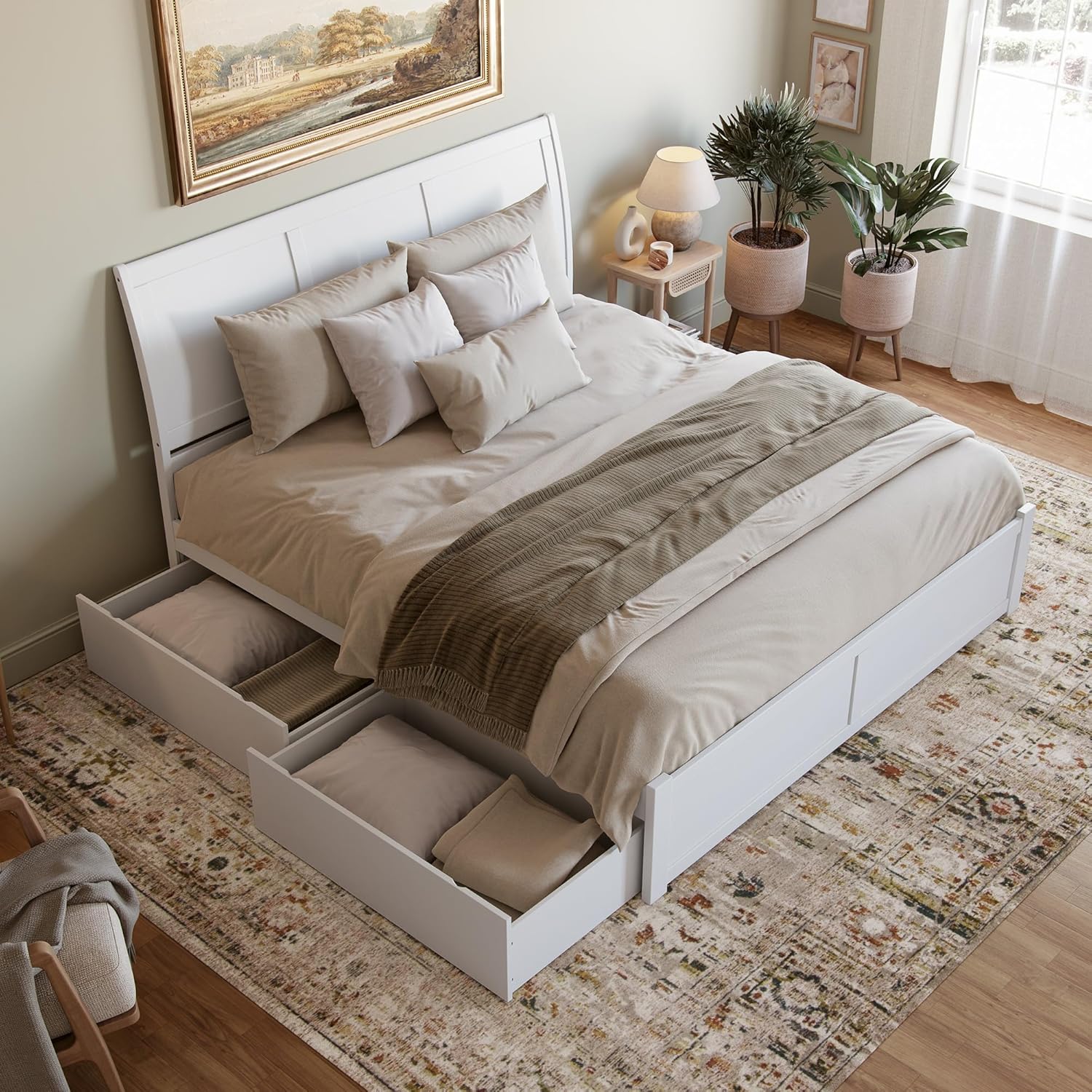 AFI Portland King Solid Wood Platform Bed with Footboard & Storage Drawers in White