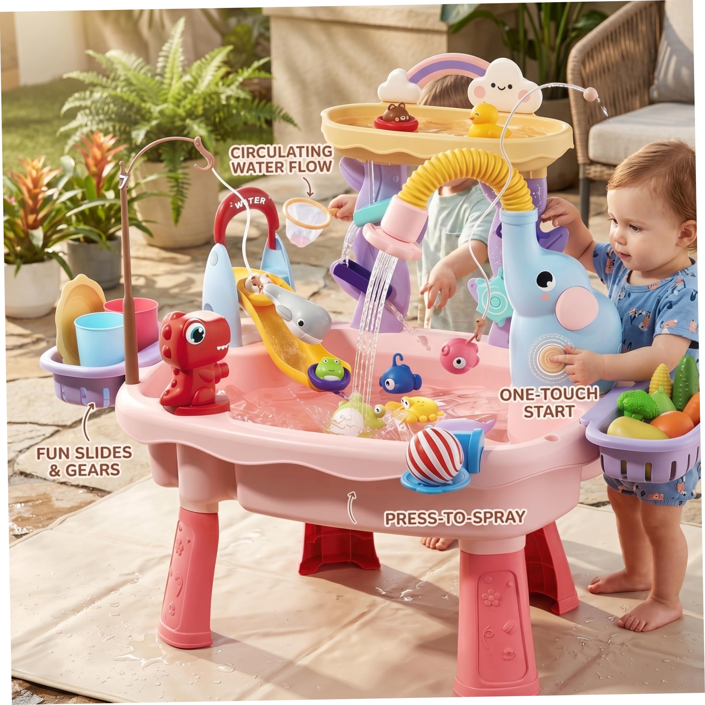 Mesa freática para niños, mesa de juegos acuáticos para niños pequeños: juguetes de arena 6 en 1 de doble capa con sistema de recirculación, juegos de tobogán y pesca, juguete sensorial para , a