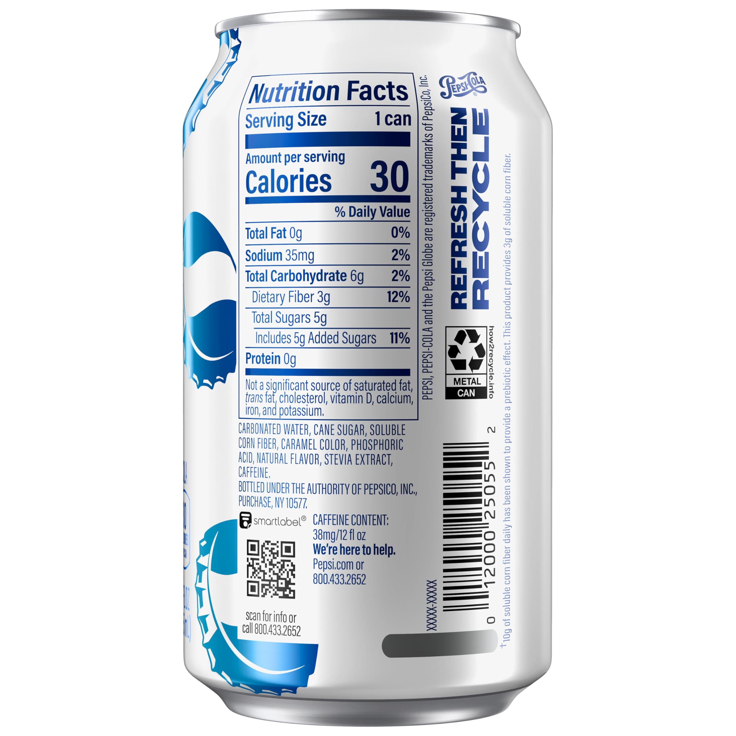 Pepsi Prebiotic Cola, 12 fl oz Can, 30 Calories, 5g Prebiotic Fiber, 5g Sugar, Soda Pop