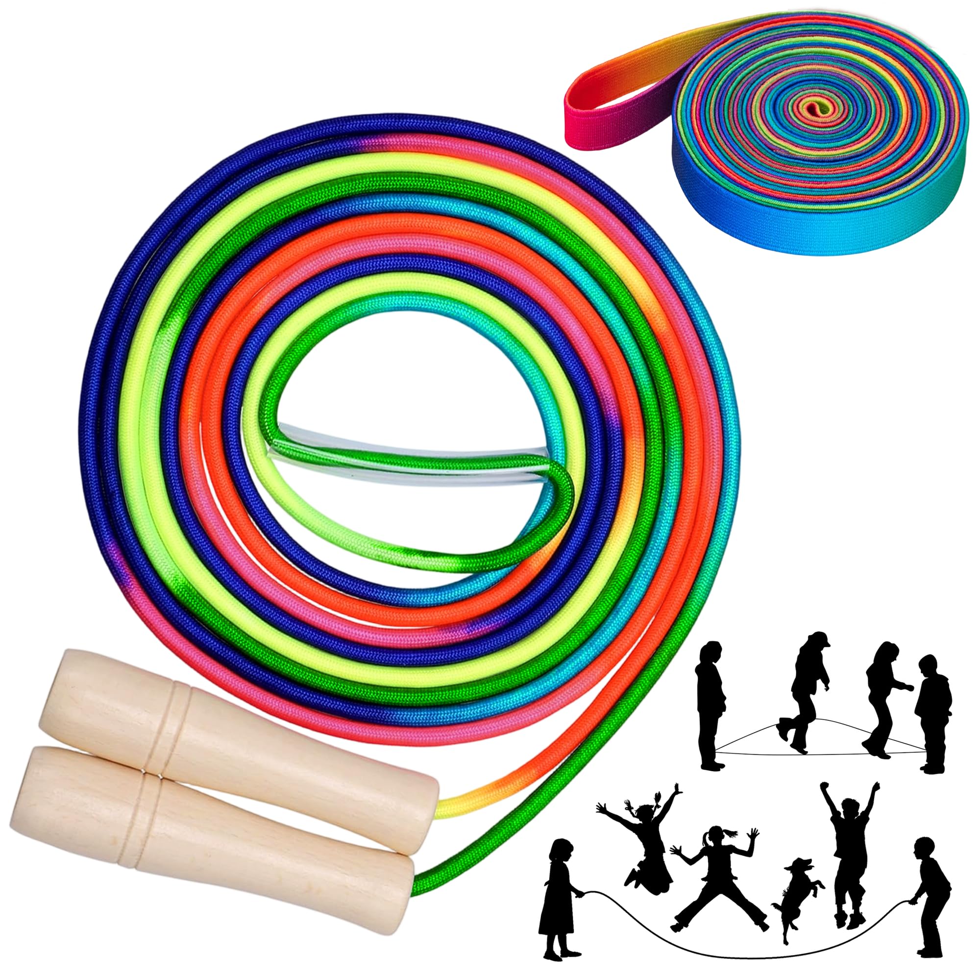 2PCS 16FT Rainbow Skipping Rope with Band Set Adjustable Long Skipping Rope
