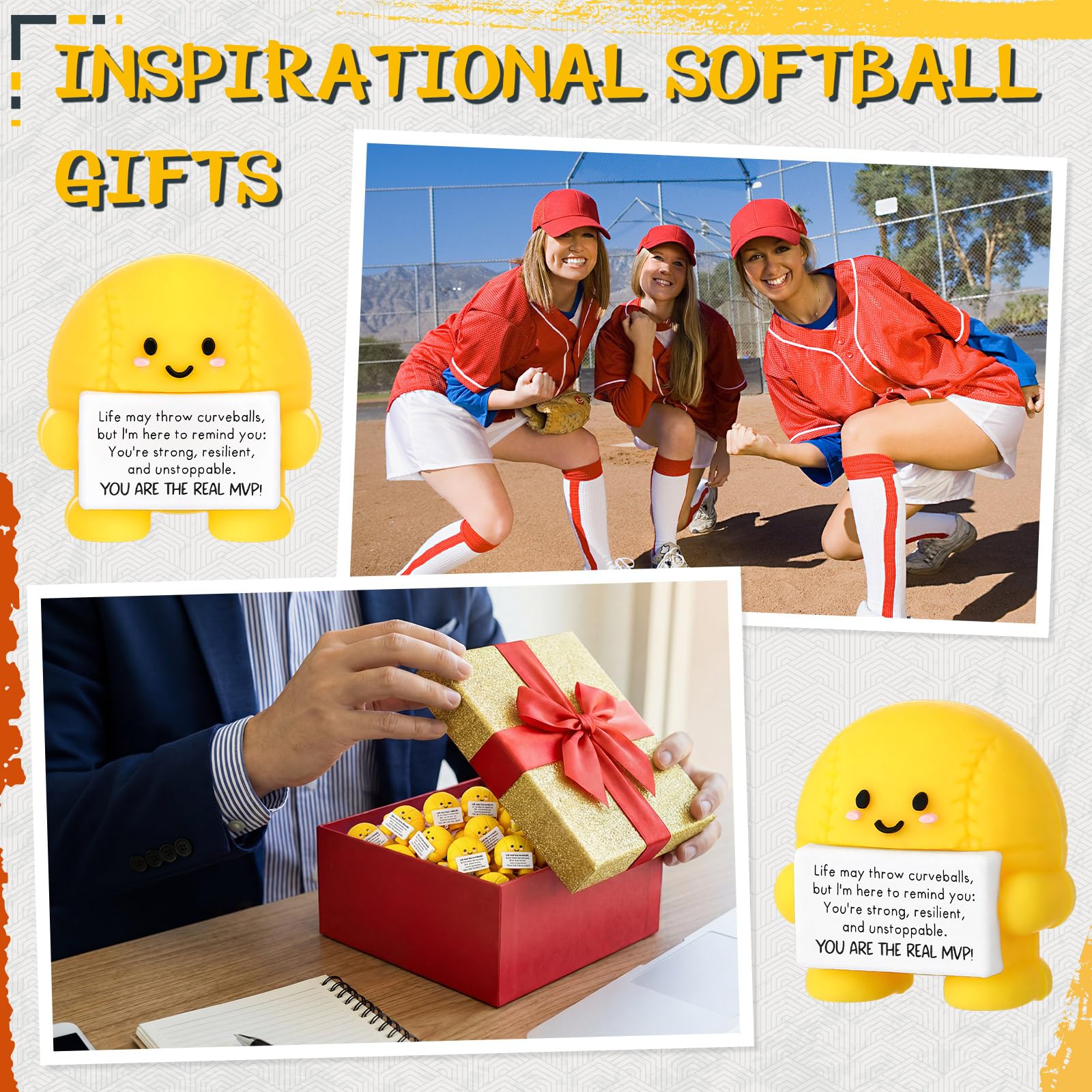 Skylety 24 Pcs Mini Graduation Softball Party Favors Softball Team Gifts Bulk Positive Soft Ball Desktop & Tabletop Decorative Emotional Positive Gift for Team Men Women Birthday Party Favors