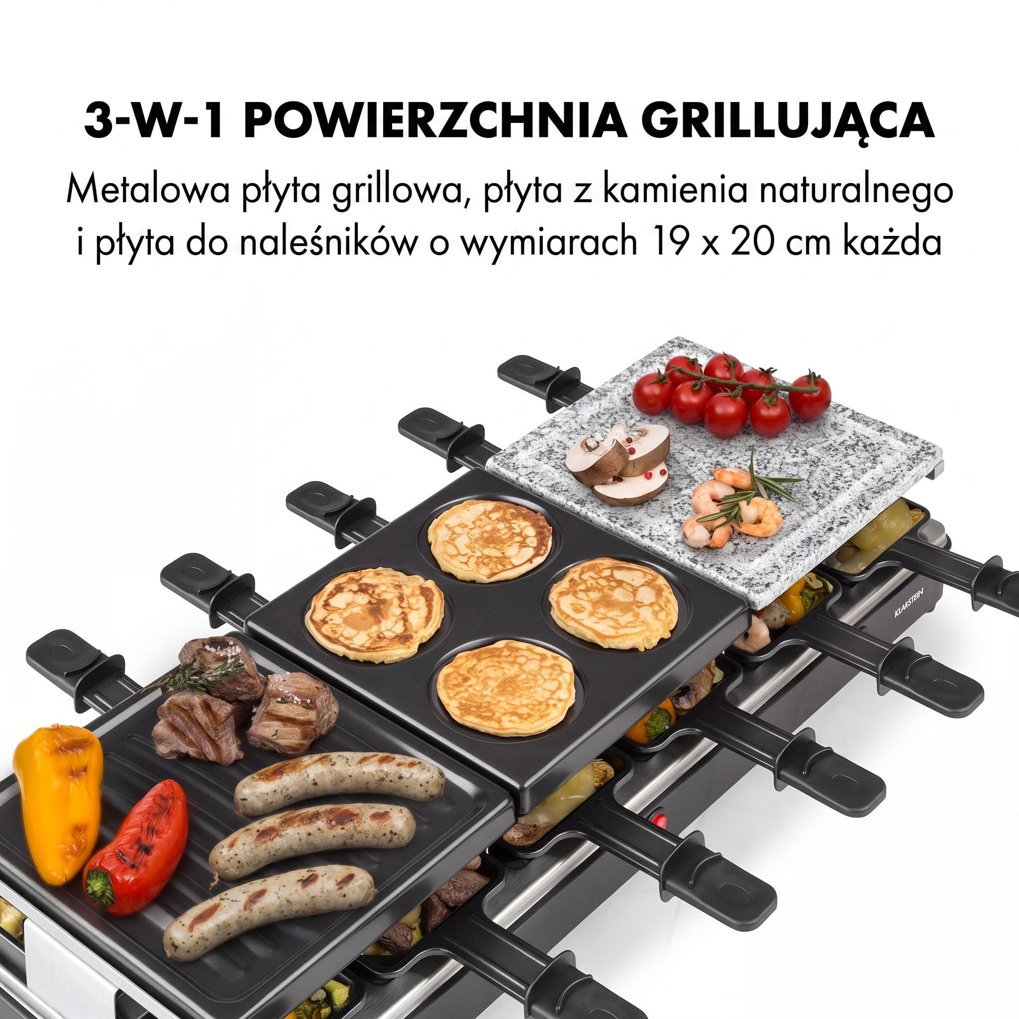 Klarstein Fonduelette XL - Grill raclette i fondue 3 w 1, 1650 W, metal/kamień naturalny/płyta krepowa, 3 oddzielne elementy grzewcze ze stali nierdzewnej, 12 osób, nieprzywierający, czarny
