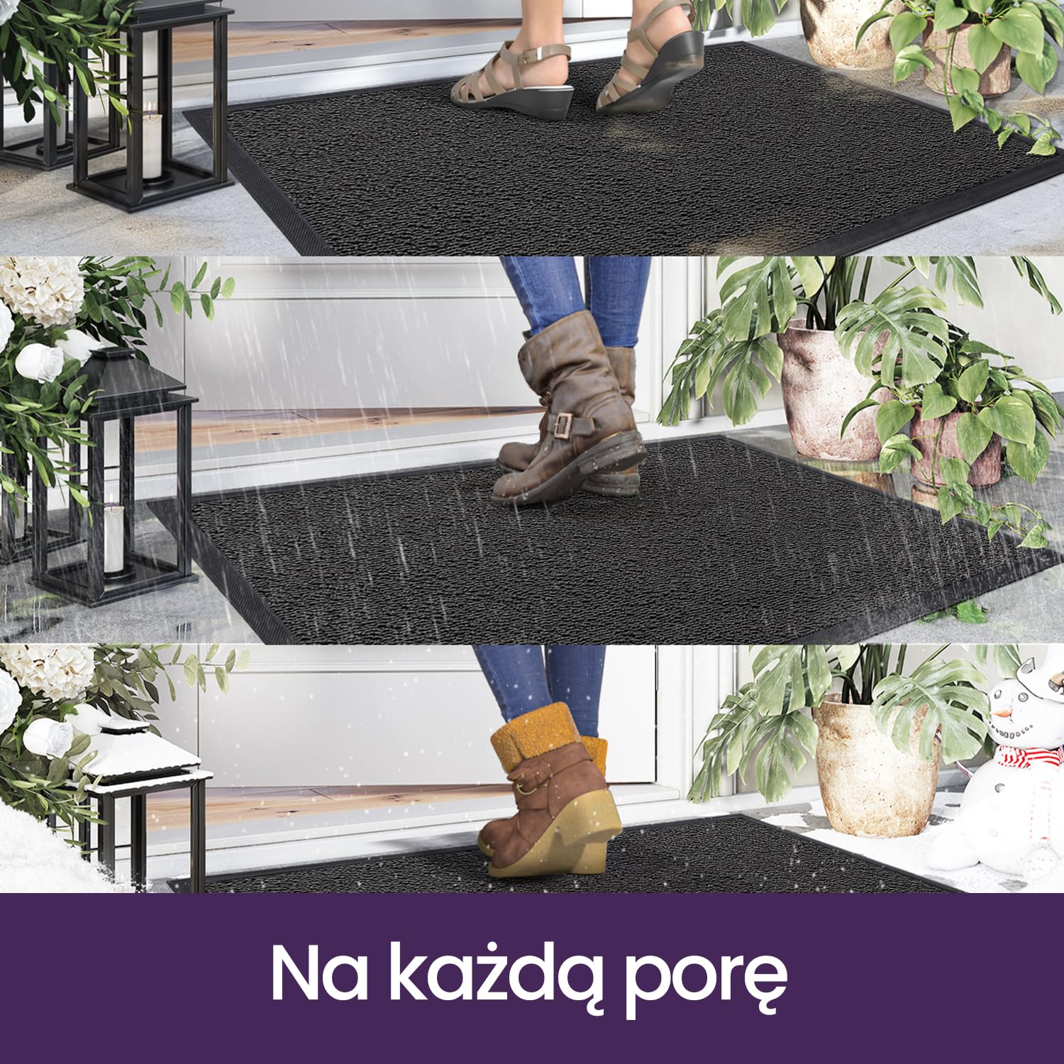 DEXI Wycieraczka do drzwi 60 x 90 cm, antypoślizgowa, odporna na plamy i blaknięcie, niski profil, łatwe do czyszczenia, dywanik wejściowy do użytku na zewnątrz i wewnątrz, jednolity szary