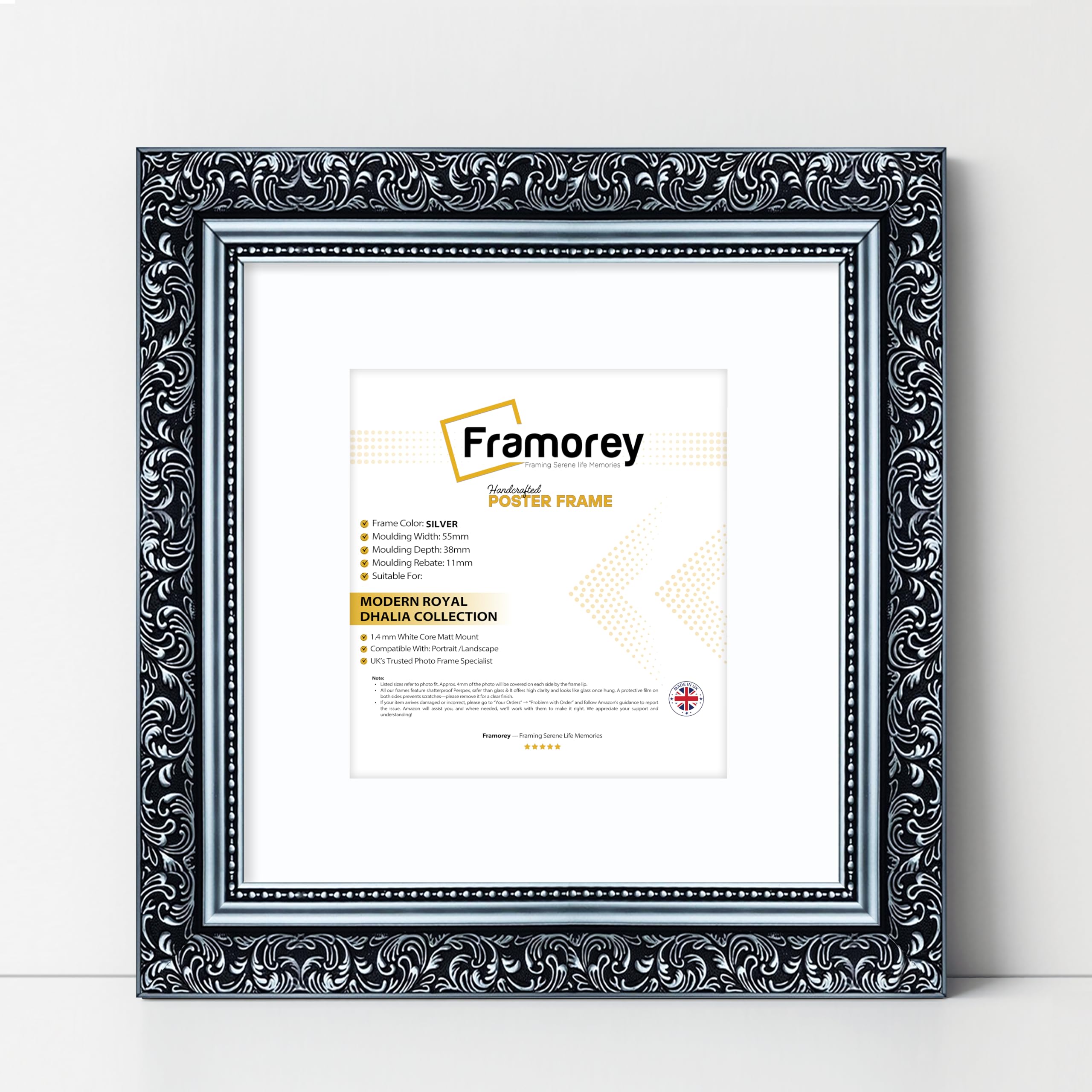 Framorey Framing Serene Life Memories Silver With White Mount Framorey Square Size Picture Frame, 12X12" Size Silver Photo Frame With 10X10" Size White Mount, Dahlia Ornate Effect Wall Art Poster Frame, Casual Wall Art Frames
