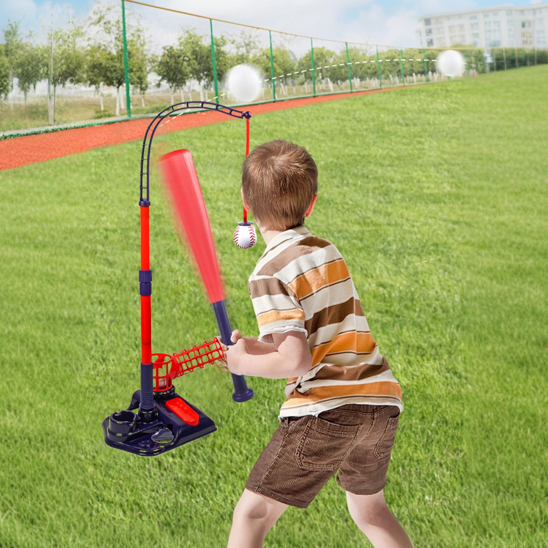 Tee Ball Set, 3-en-1 Tee Tee Popper Set avec Machine à Lancer, frappeurs réglables, Batte de Baseball rétractable ＆ 4 balles, Popper pour Les Cadeaux pour Enfants, Jouets
