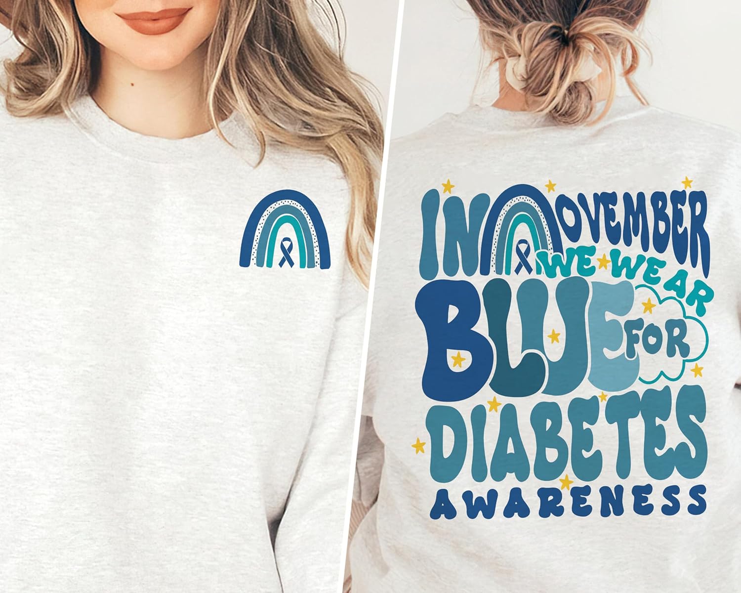 in November We Wear Blue Ribbon Sweatshirt - Rainbow Diabetes Awareness Month Sweater