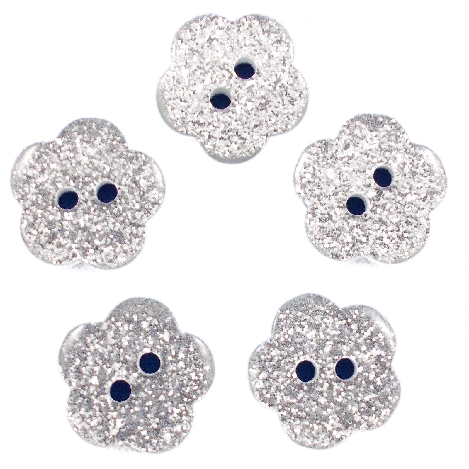 Push The Button Silver Colour Glitter Flower Shape Buttons 9Mm Pack Of 5 (Silver)