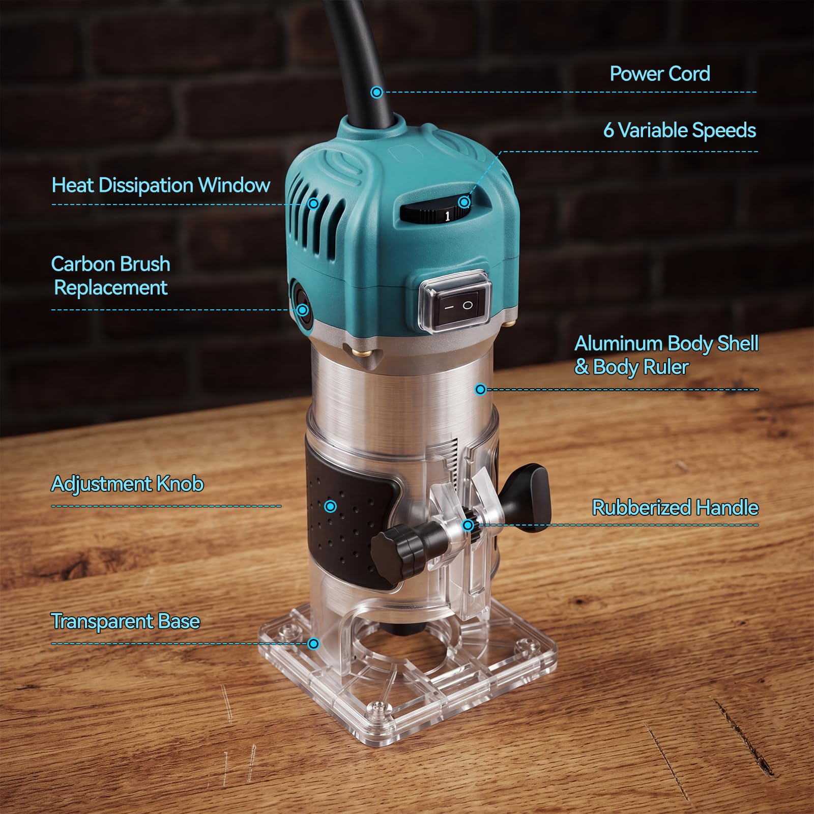Outil de défonceuse électrique 800 W, 6 vitesses variables max 33000R/min, défonceuse à bois avec base transparente, défonceuse à bois manuelle avec 15 forets pour travaux manuels et bricolage, bleu
