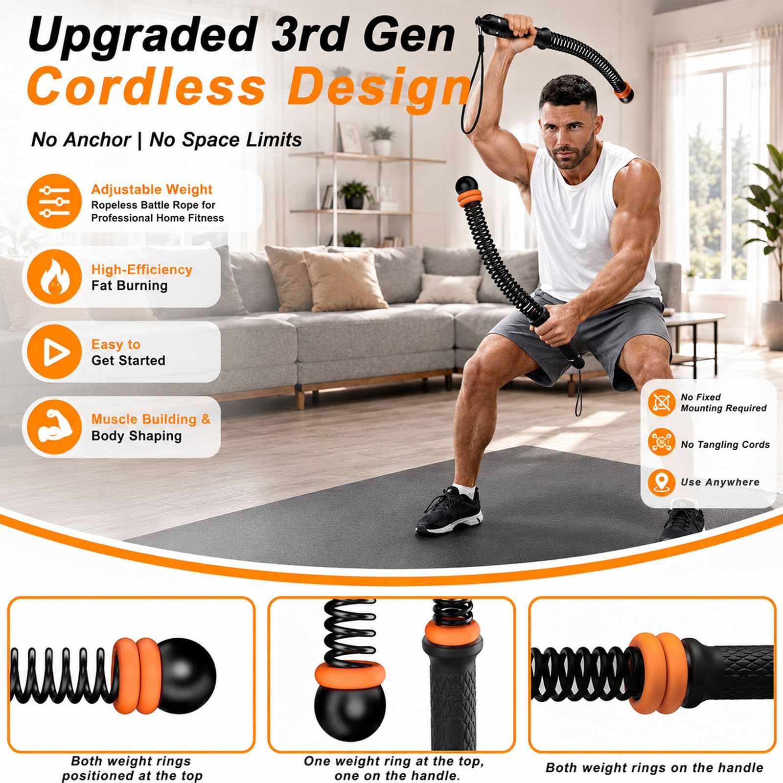 Cuerdas de batalla inalámbricas portátiles – Equipo de entrenamiento de gimnasio en casa para entrenamiento intensivo y fuerza central, ideal para el hogar, oficina, viajes y espacios pequeños
