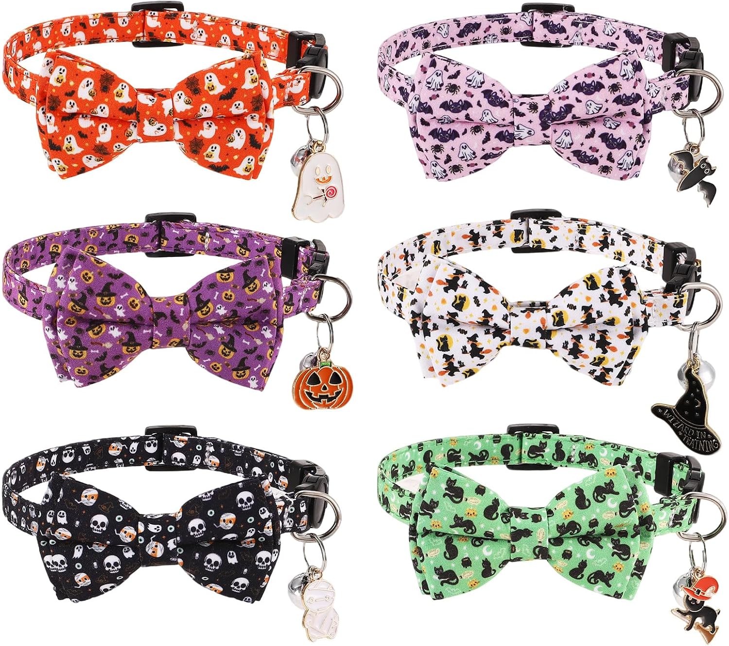 6Pcs Halloween Cute Bow Tie and Bell Cat Collars,Kitten Outfit