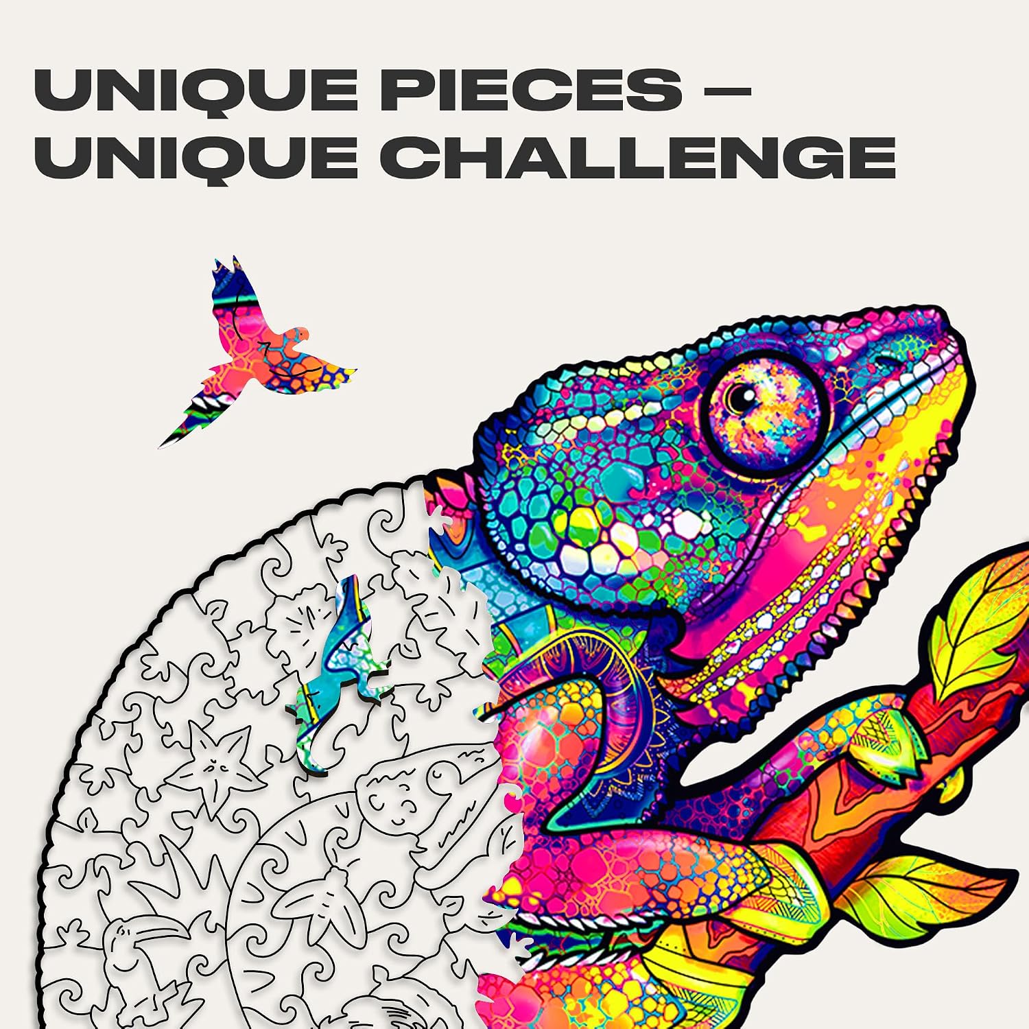 UNIDRAGON Iridescent Chameleon Animal Wooden Jigsaw Puzzle for Adults - 202 Unique Shaped Pieces - Medium 10.2 x 13 in (26 x 33 cm)