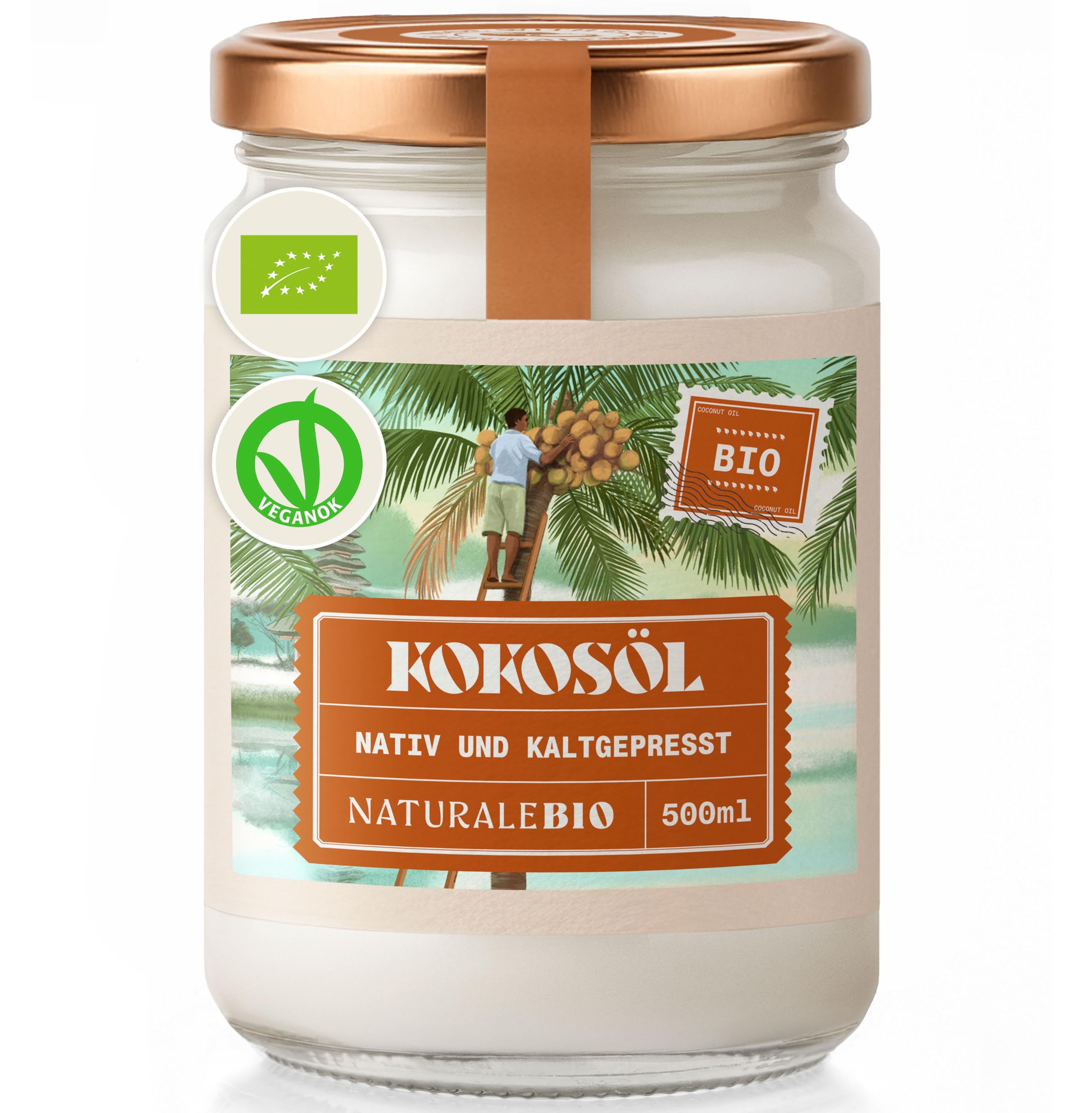 NaturaleBio Bio Kokosöl 500ml Nativ. Kaltgepresst und Rein. Kokosöl bio kaltgepresst Herkunftsland Sri Lanka. Organic Raw Virgin Coconut Oil.
