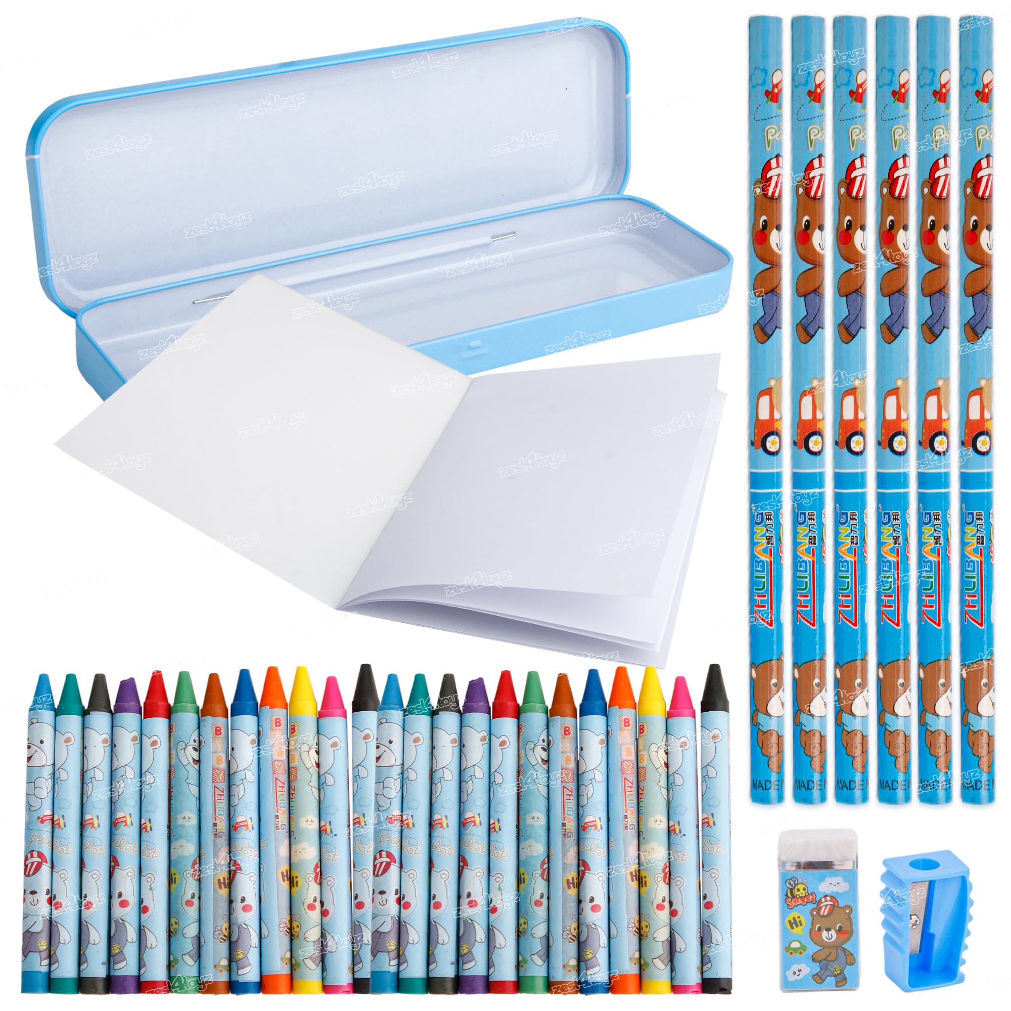 Zest 4 Toyz Stationery Set for Kids Ideal for Birthday Return Gifts for Kids (Pencil Box + Sharpner + Eraser + Crayons + Pencils + Drawing Book) - Blue