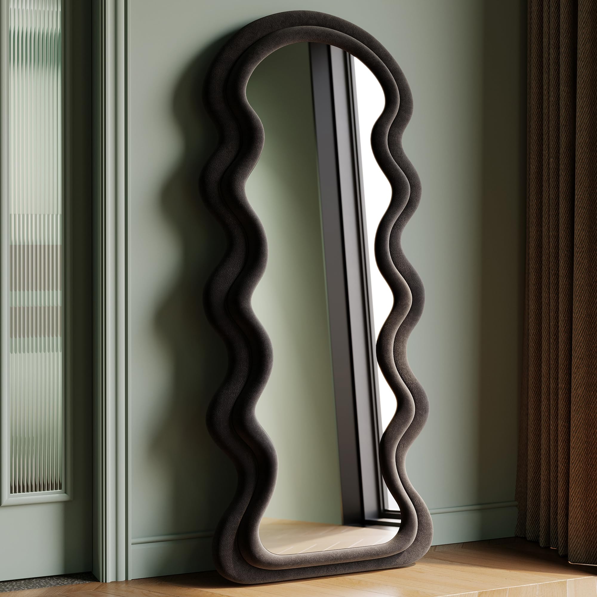 Espejo ondulado asimétrico grande de cuerpo entero, espejo de pared con marco de madera envuelto en franela, negro 160 x 60 cm