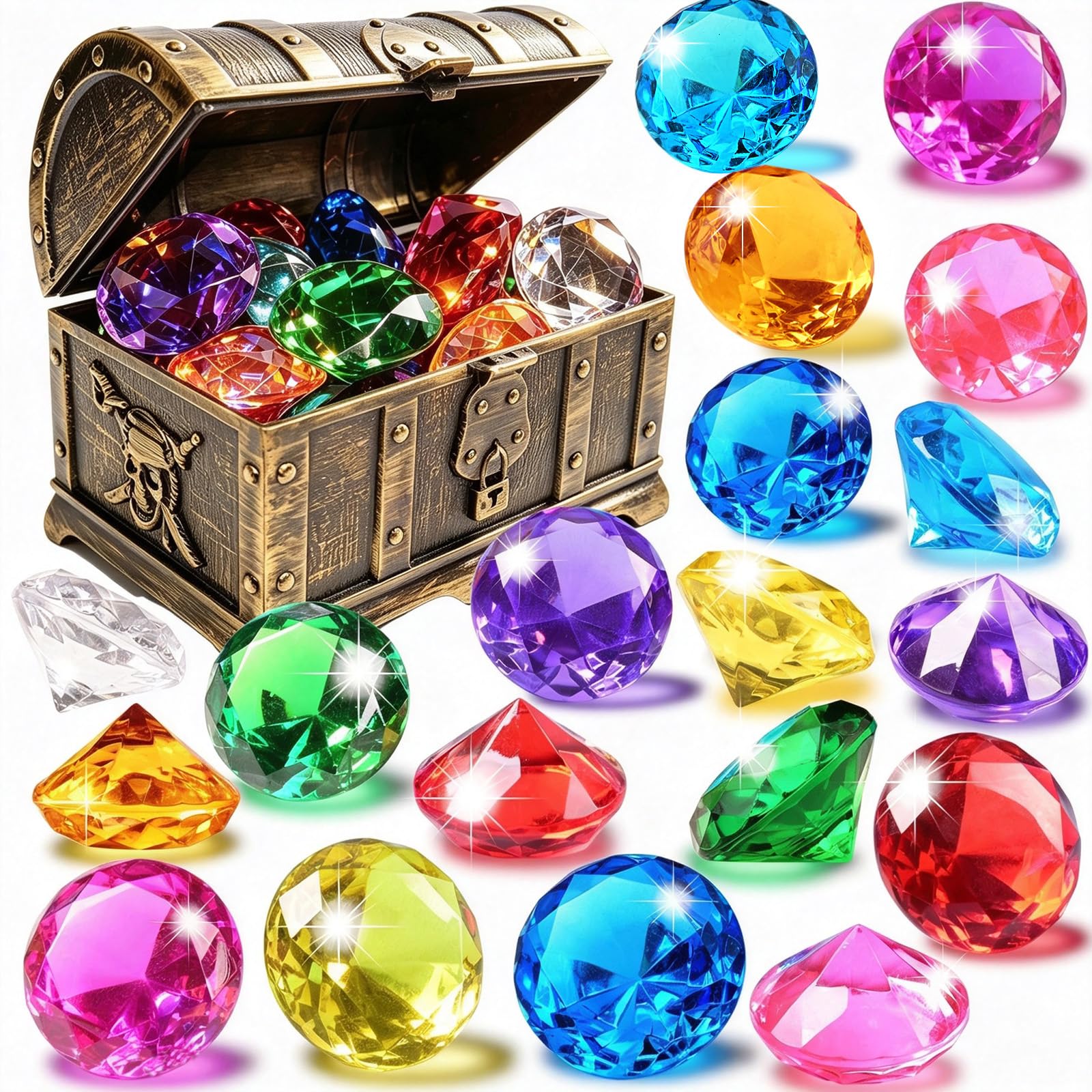 EnriQ Diving Gems Pool Toys 20 Big Colorful Diamond with Pirate Treasure Chest Swim Dive Toy for Kids Water Pool Games Swimmer Training Underwater