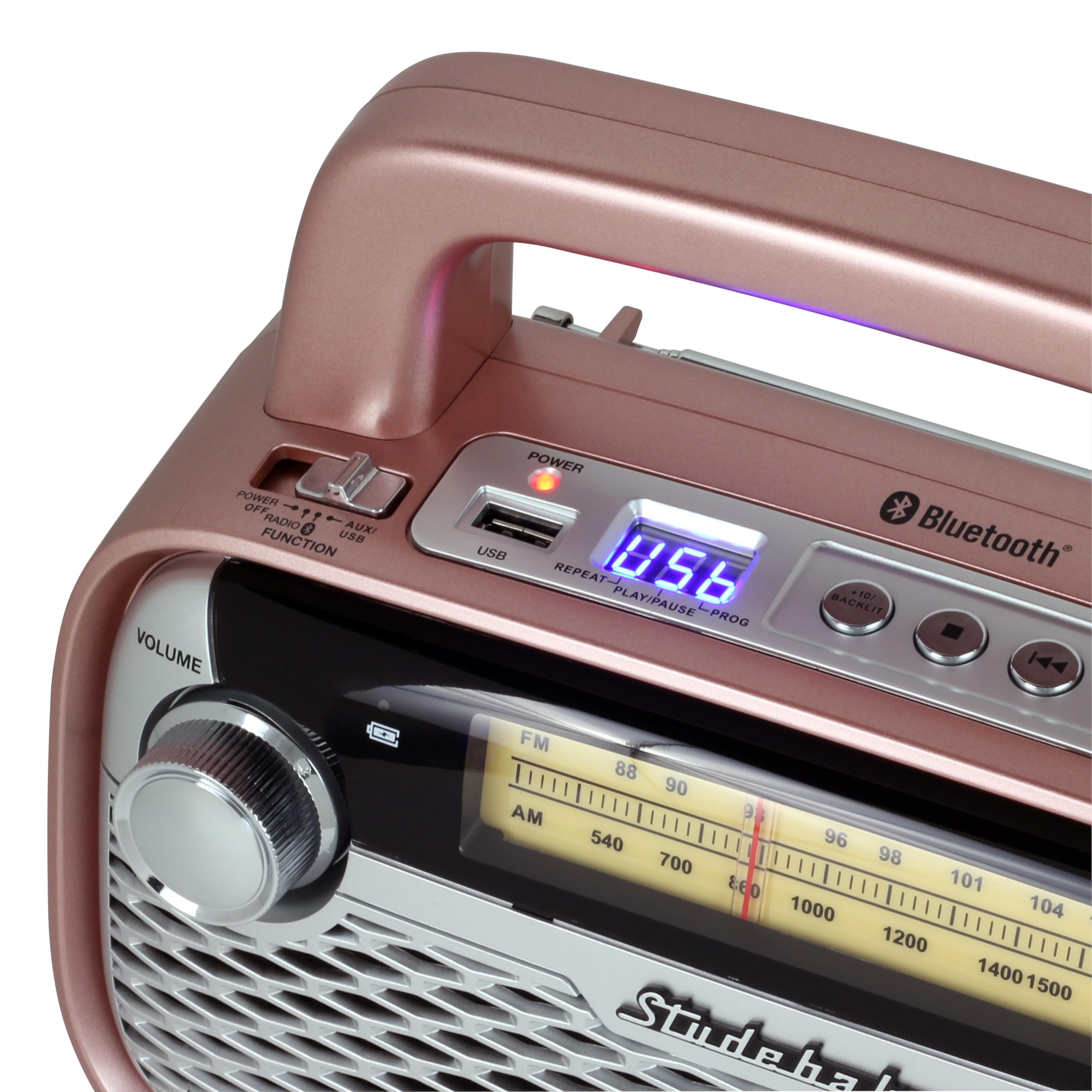 Studebaker SB2006 Haut-parleur Bluetooth avec radio portable AM/FM Streaming Bluetooth, batterie rechargeable et haute puissance (or rose)