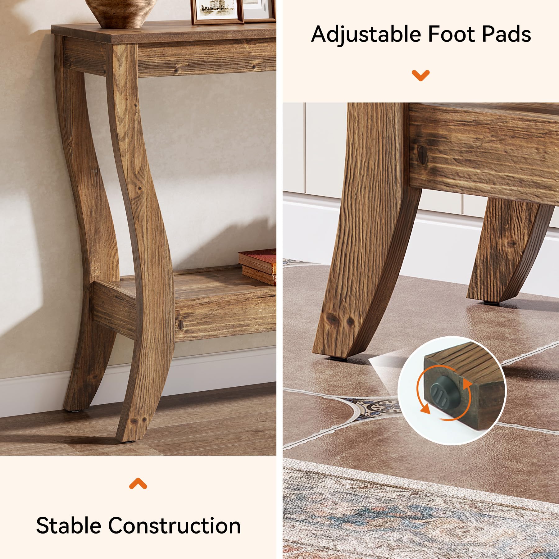 Tavolo consolle in legno massiccio con vano portaoggetti, 105 cm, tavolino da corridoio con ripiano, divano a 2 livelli, in legno, per soggiorno, corridoio, ingresso, marrone