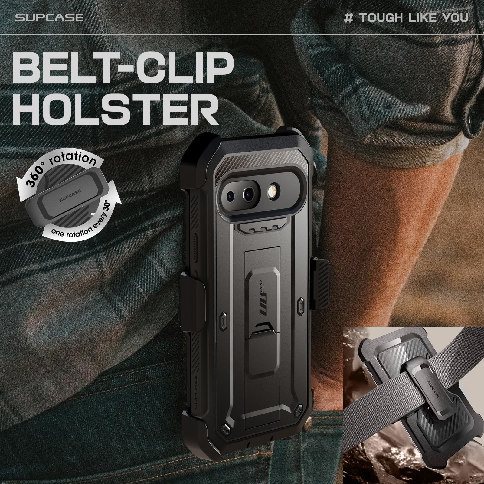 SUPCASE Outdoor Hülle für Google Pixel 9A, 360 Grad Handyhülle Bumper Case Robust Schutzhülle Cover [Unicorn Beetle Pro] mit Displayschutz, Ständer und Gürtelclip für Pixel 9A 2025 (Schwarz)
