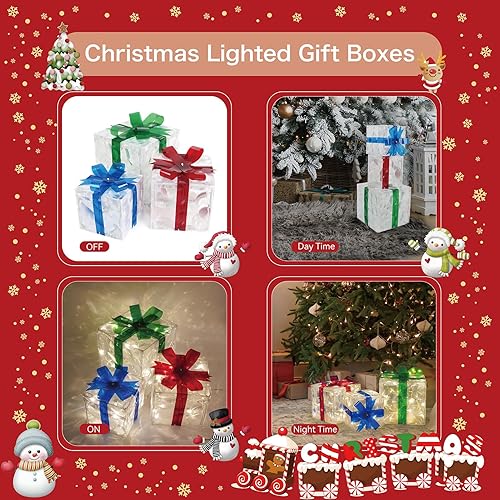 Miniatura 6 de Juego de 3 cajas de regalo iluminadas de Navidad enchufables con 60 luces LED de PVC, adorno para decoraciones de Navidad, interiores y exteriores,