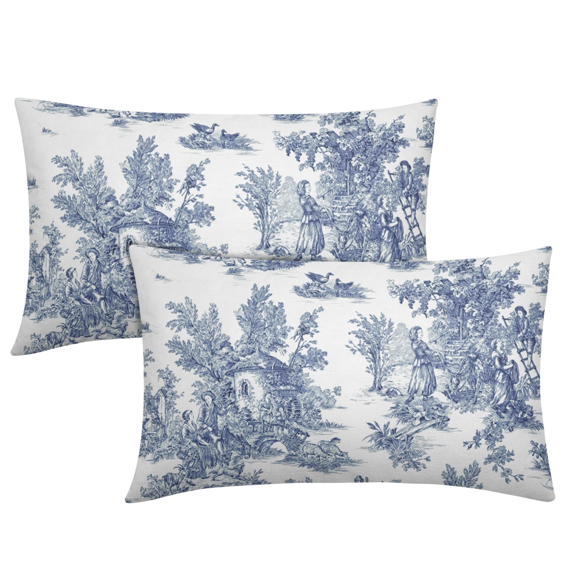 French Country Pillow Covers Set of 2 12x20 Inch Vintage Toile Blue White Cotton Linen Polyester Decorative Throw Pillow Case Cushion Cover for