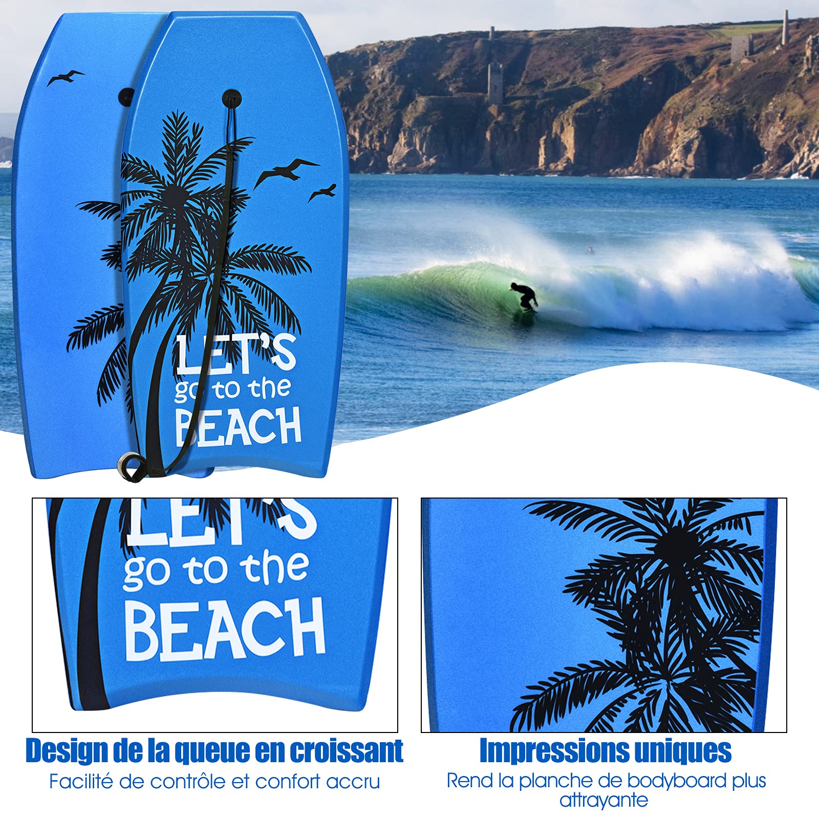 RELAX4LIFE Planche de Bodyboard 41” en Mousse avec Sangle de 90 CM et 8 Motifs au Choix, 105X51X6CM Idéal pour Adulte, Débutant dans Mer, Piscine, Surf, Charge Max. 85KG