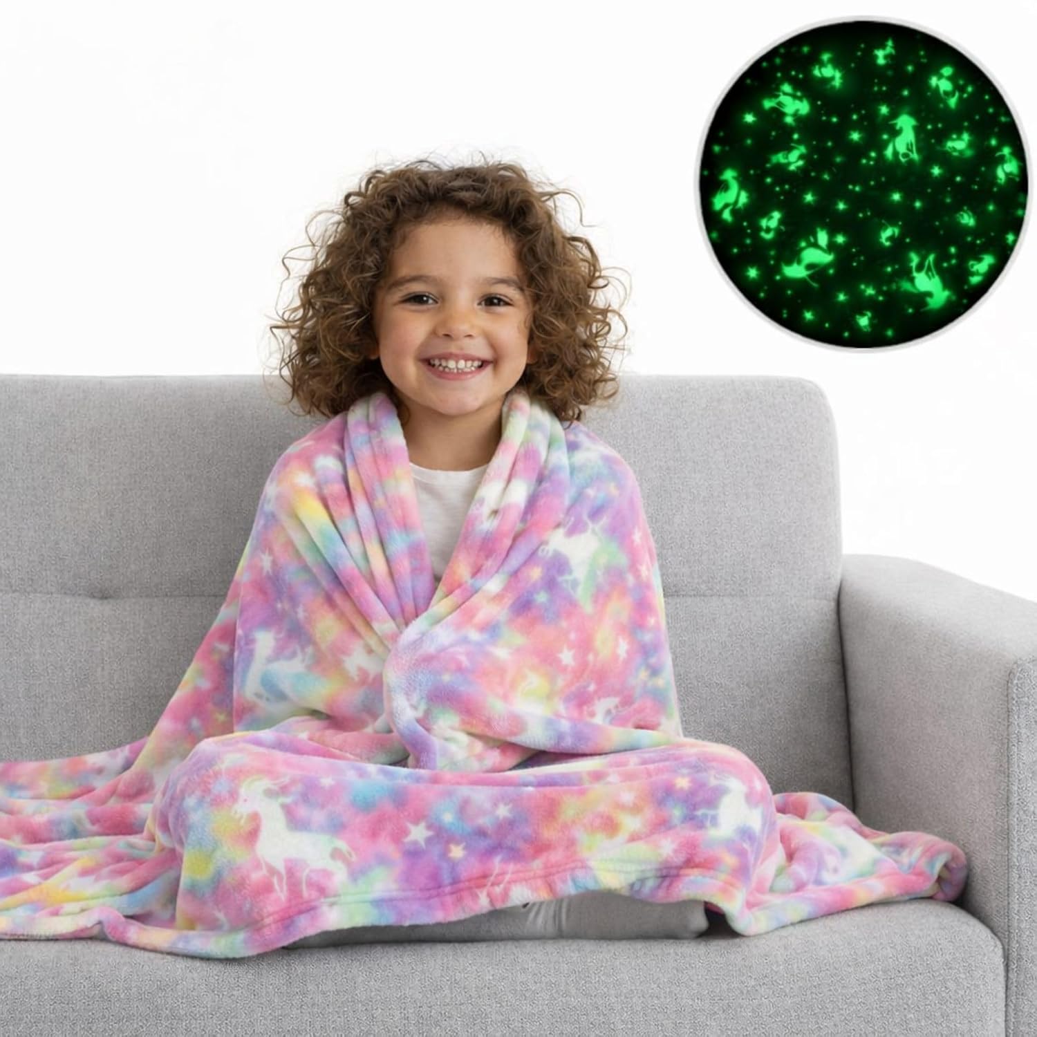 PromptNest™ Glow-in-the-Dark Enchanted Rainbow Unicorn Blanket for Kids–Super Soft Rainbow Pink Fleece Throw, 150×200 cm U...