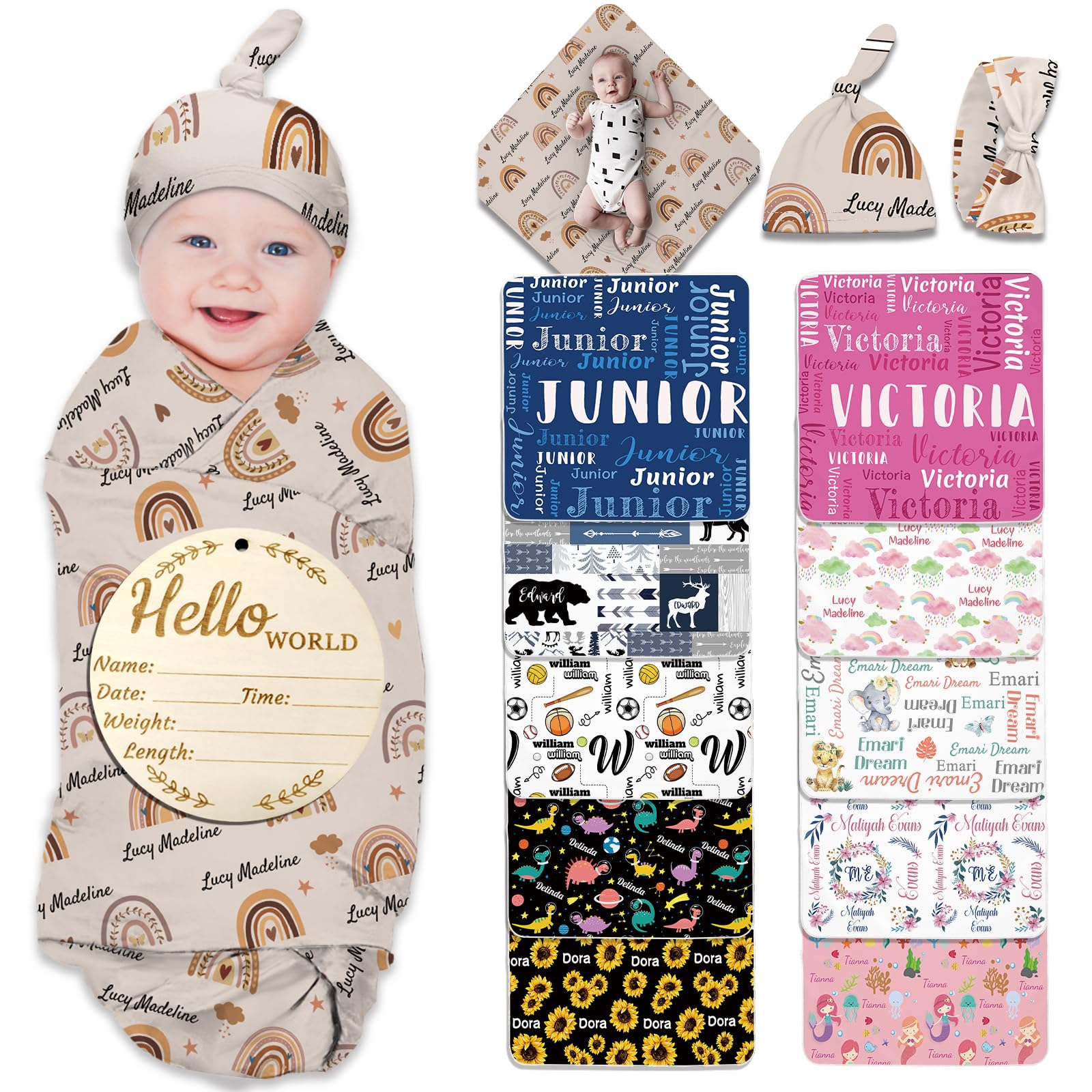 SIMIEEK Personalized Baby Swaddle Blanket Girl Boy Rainbow Custom Name Receiving Blanket with Bow Headband and Hat Set Customized Newborn Gifts with