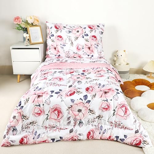 Miniatura 4 de Juego de ropa de cama de 4 piezas para niños pequeños, juegos de edredón de flores para niñas, incluye edredón acolchado, sábana encimera, sábana