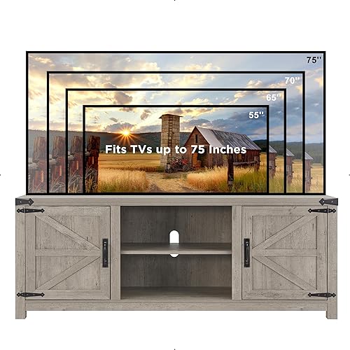 Miniatura 5 de T4TREAM - Mueble de TV estilo granja para televisores de hasta 75 pulgadas, consola de televisión con puerta de granja de madera y estantes de