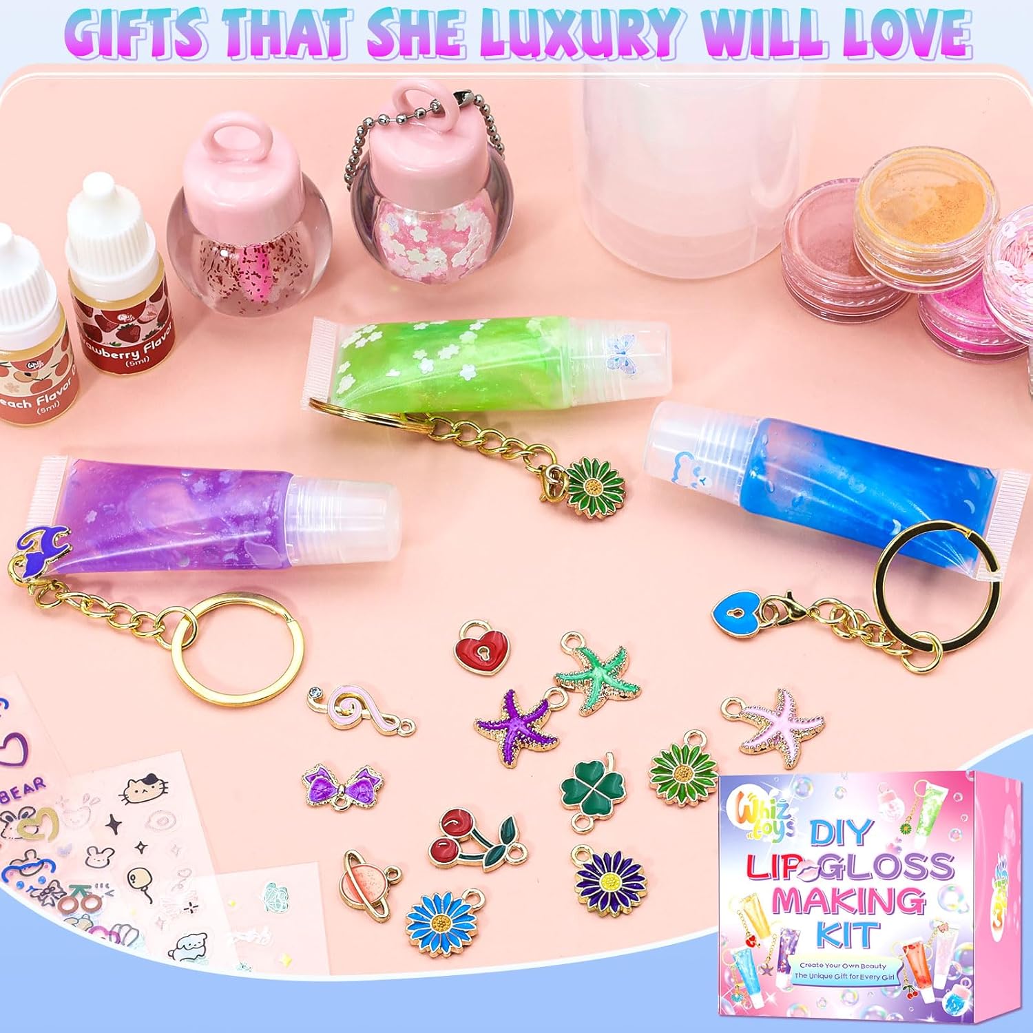 WhizToys DIY Lip Gloss Making Kit - Make Your Own Lip Glosses Set Clear Base Lipgloss Keychain Making Kit，Cute Stuff Birthday Christmas Gift for Her